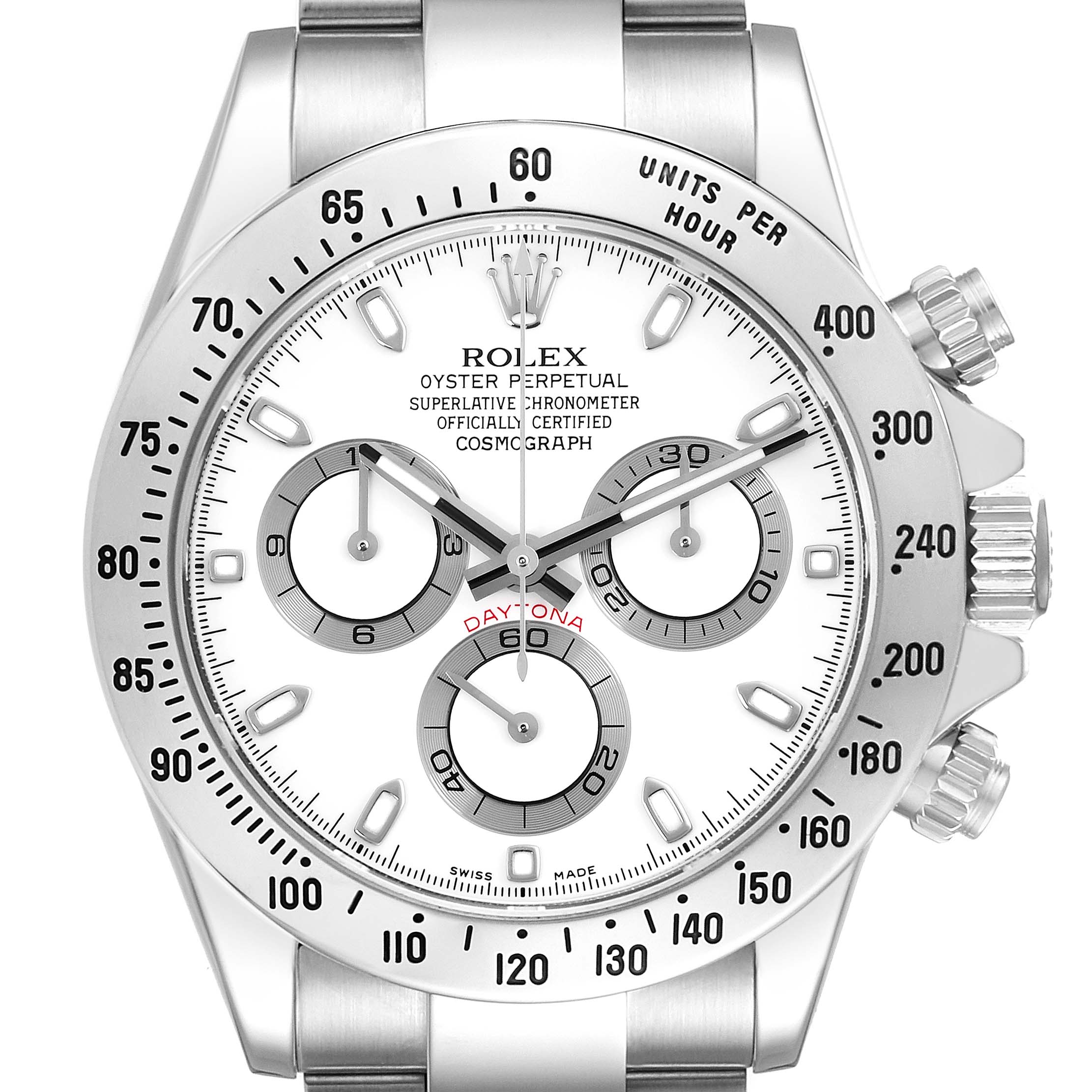 The Rolex Daytona 116520 Men's Stainless Steel White Dial 116520 Men's Stainless Steel White Dial watch is shown from the front, displaying the dial, bezel, crown, and pushers.