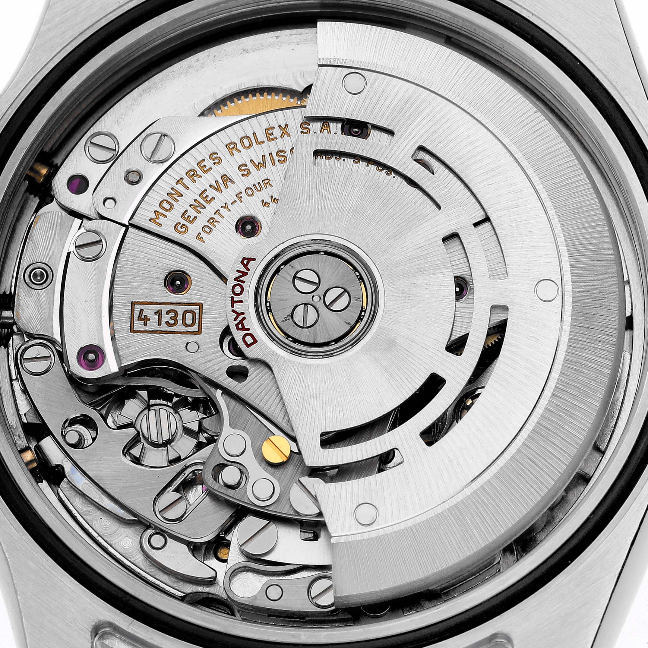 The image shows the intricate movement of the Rolex Daytona 116523 Men
s Steel and Gold (two tone) White Dial 116523 Men
s Steel and Gold (two tone) White Dial watch viewed from the back.