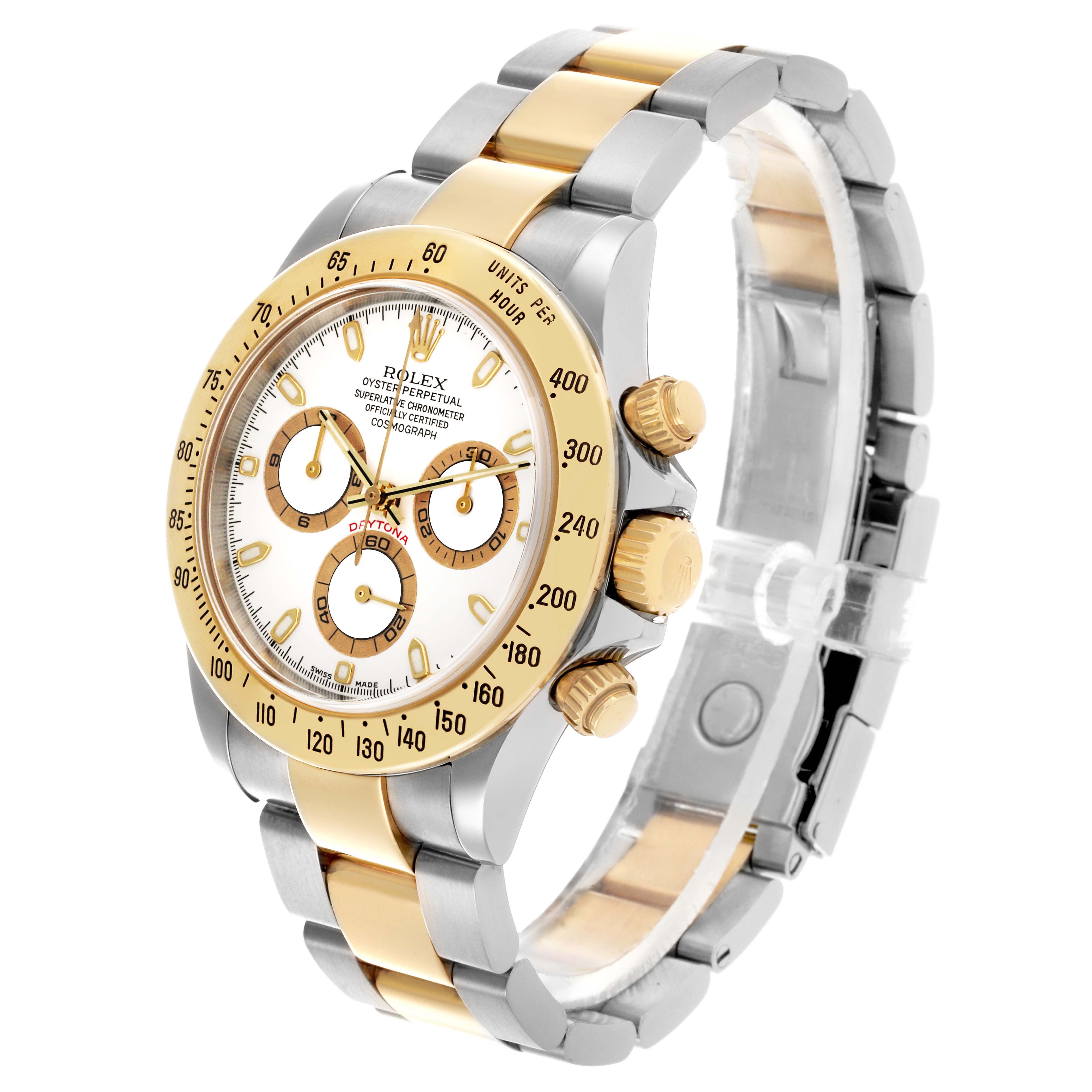 The Rolex Daytona 116523 Men
s Steel and Gold (two tone) White Dial 116523 Men
s Steel and Gold (two tone) White Dial watch is shown at a slight angle, highlighting the dial, bezel, bracelet, and crown.