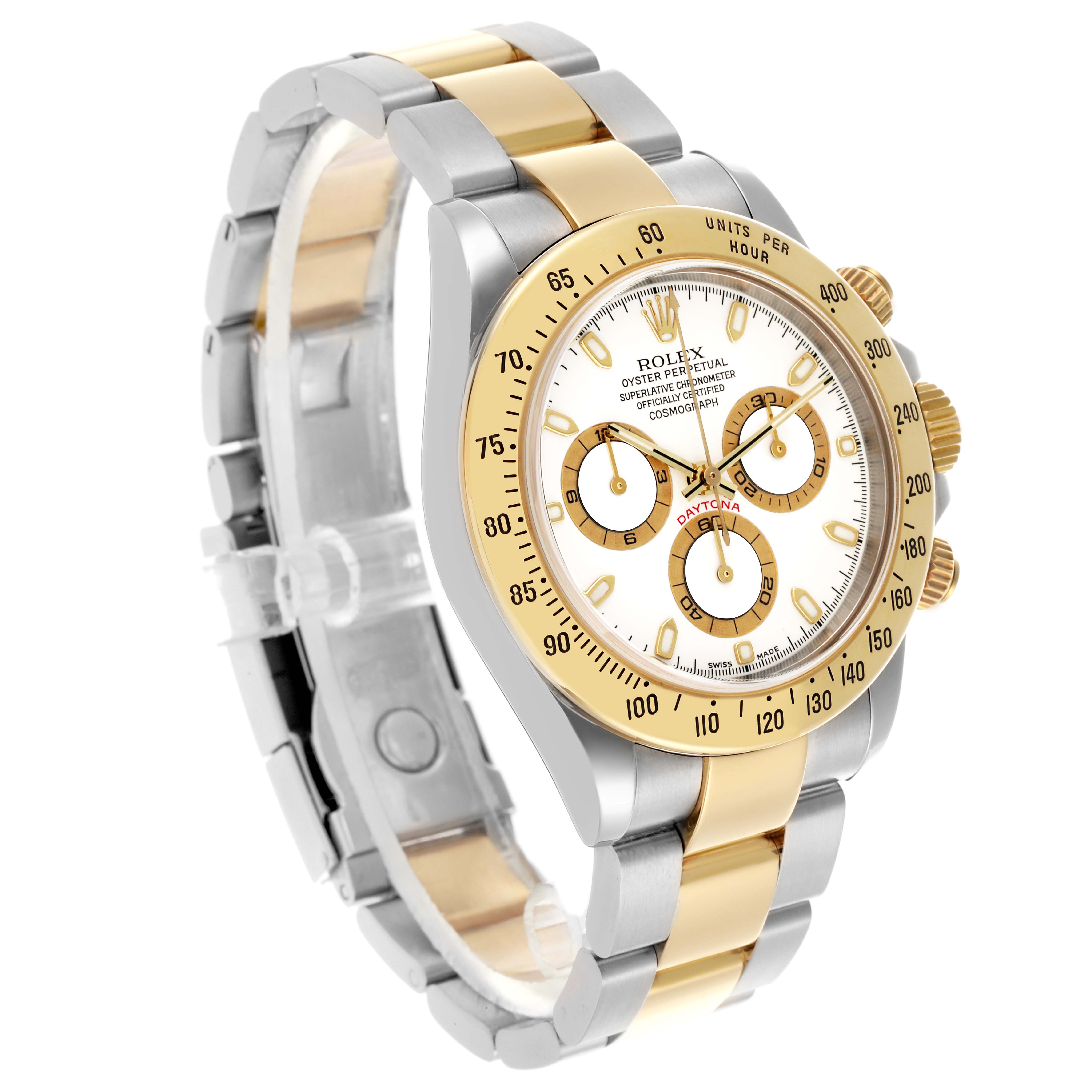 The Rolex Daytona 116523 Men
s Steel and Gold (two tone) White Dial 116523 Men
s Steel and Gold (two tone) White Dial watch is shown at a slight angle, highlighting the bezel, dial, pushers, and two-tone bracelet.