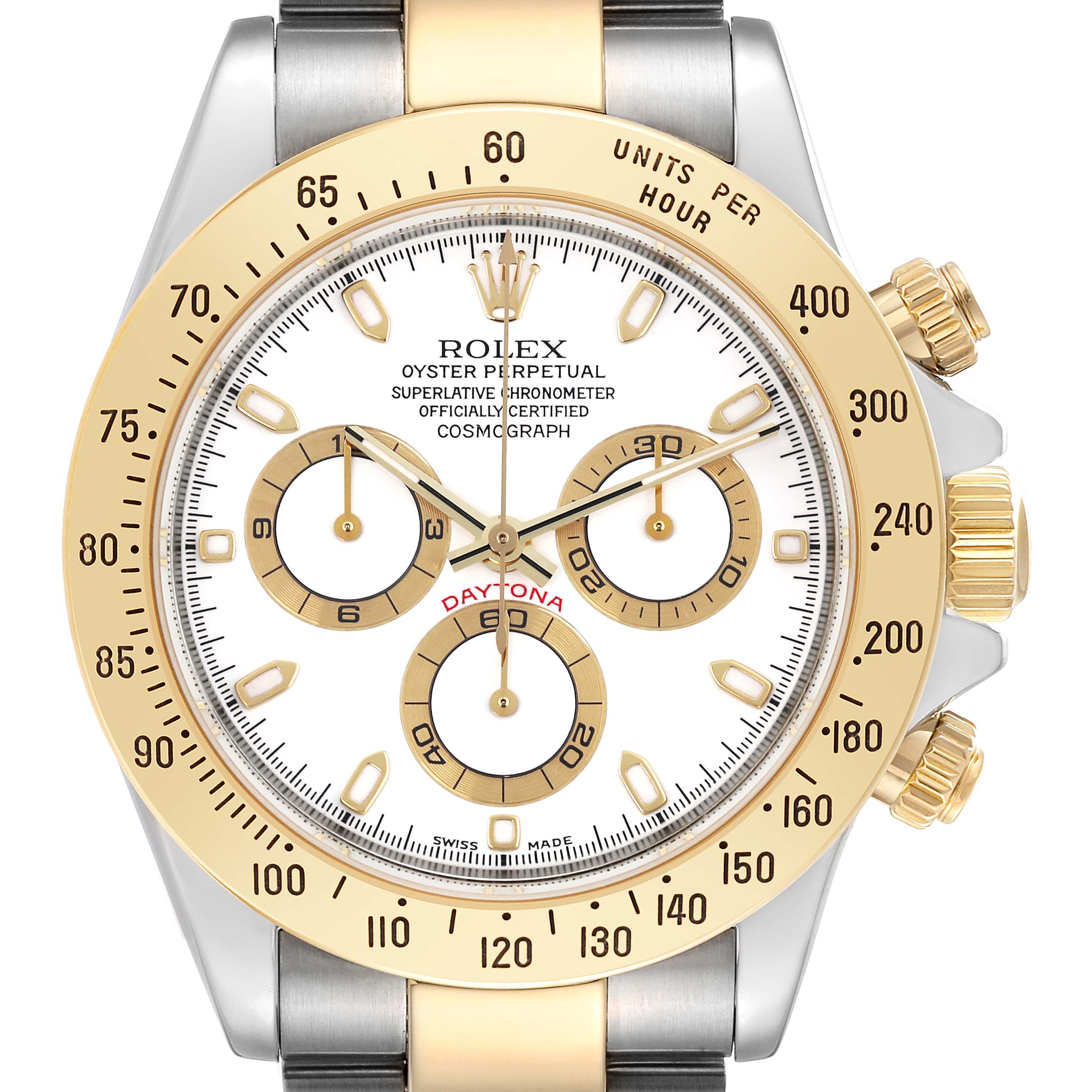 The Rolex Daytona 116523 Men
s Steel and Gold (two tone) White Dial 116523 Men
s Steel and Gold (two tone) White Dial watch is shown from a front angle, highlighting the dial, bezel, and pushers.