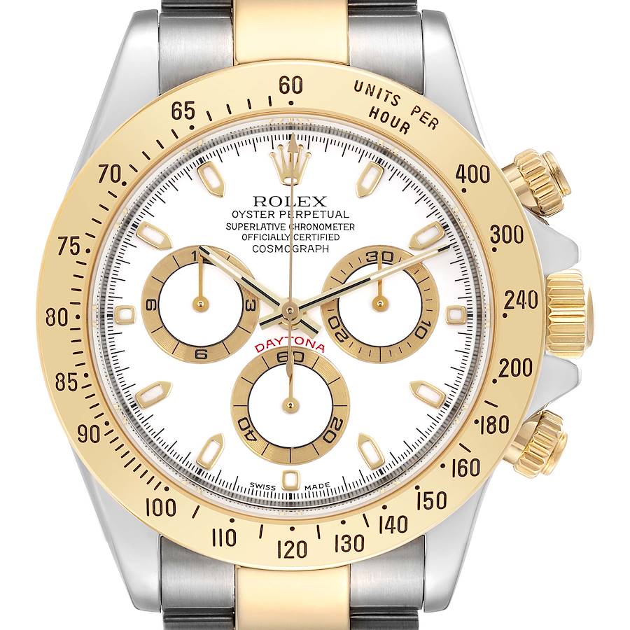 The Rolex Daytona watch is shown from a front angle, highlighting the dial, bezel, and pushers.