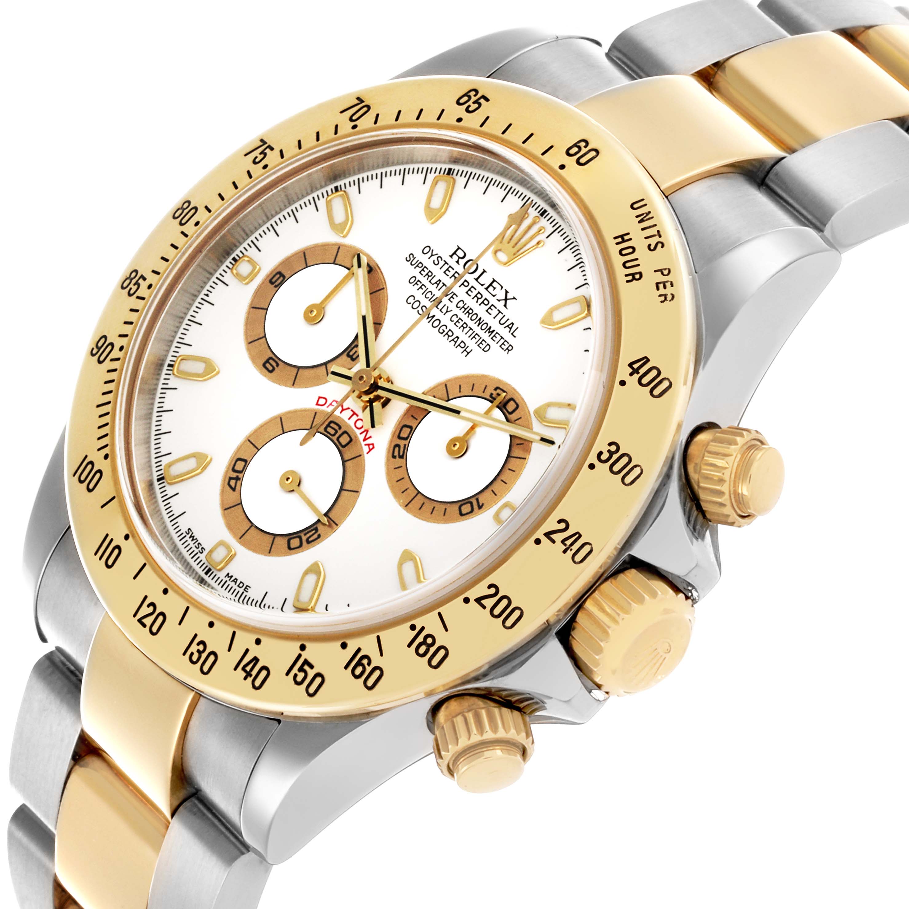 The Rolex Daytona 116523 Men
s Steel and Gold (two tone) White Dial 116523 Men
s Steel and Gold (two tone) White Dial watch is angled to show its gold bezel, crown, and chronograph dials on a two-tone bracelet.