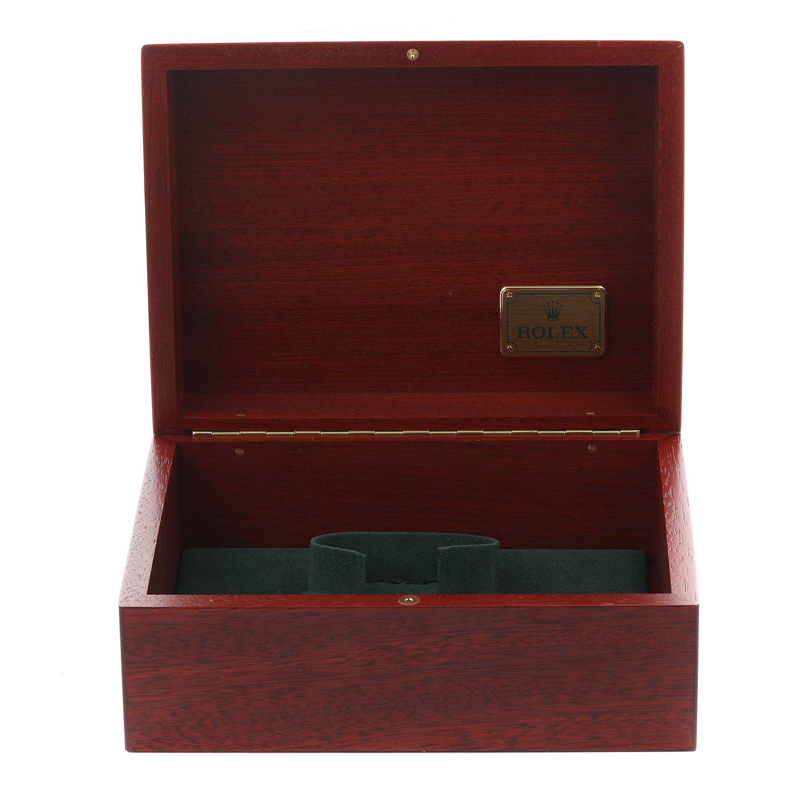 The image shows an open wooden Rolex watch box for the Daytona model, displaying its interior and branded plaque.