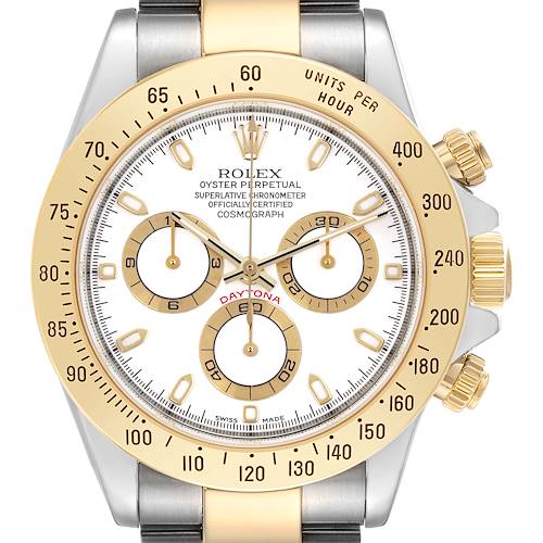 The image shows a front view of the Rolex Daytona watch, highlighting the dial, bezel, and chronograph features.