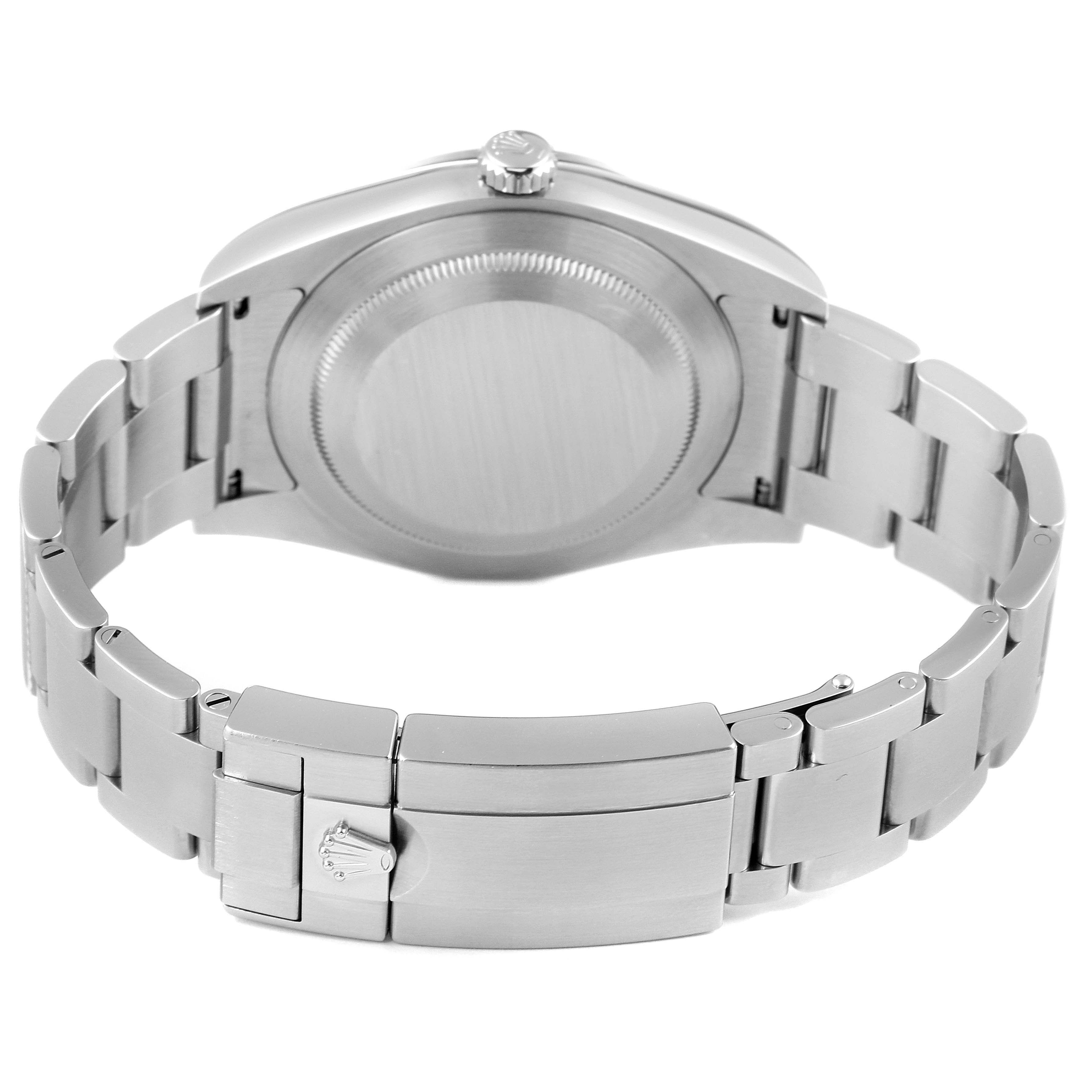 This image shows the back view of the Rolex Explorer 214270 Men
s Stainless Steel Black Dial 214270 Men
s Stainless Steel Black Dial watch, focusing on the case back and bracelet clasp.