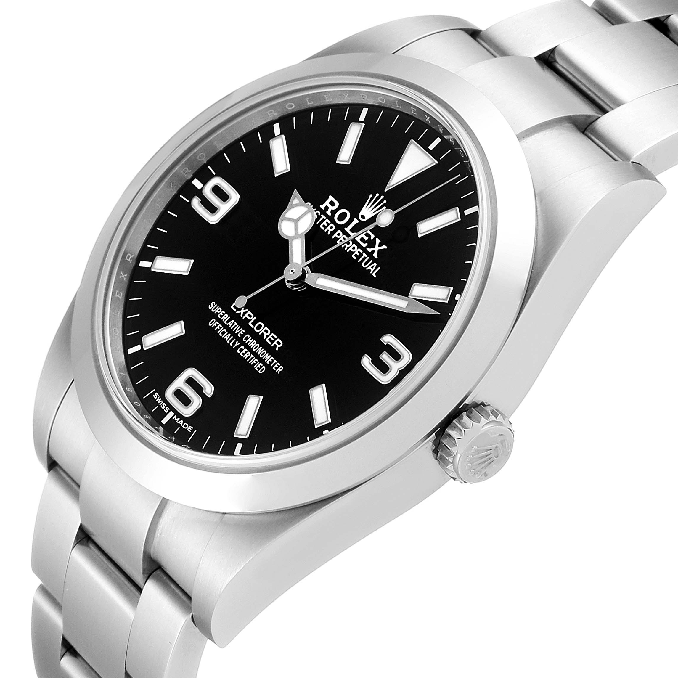 This image shows the side angle of a Rolex Explorer 214270 Men
s Stainless Steel Black Dial 214270 Men
s Stainless Steel Black Dial watch, highlighting the crown, bezel, watch face, and bracelet.