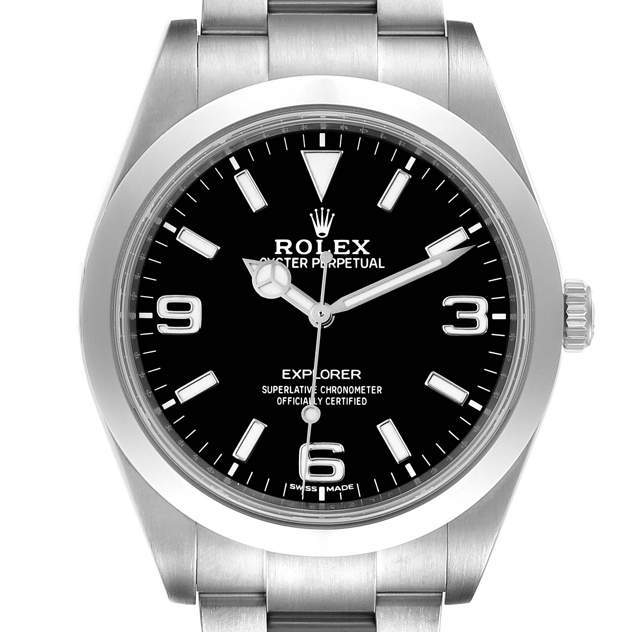 This image shows a front view of a Rolex Explorer 214270 Men
s Stainless Steel Black Dial 214270 Men
s Stainless Steel Black Dial watch, highlighting its black dial, hour markers, hands, and stainless steel bracelet.