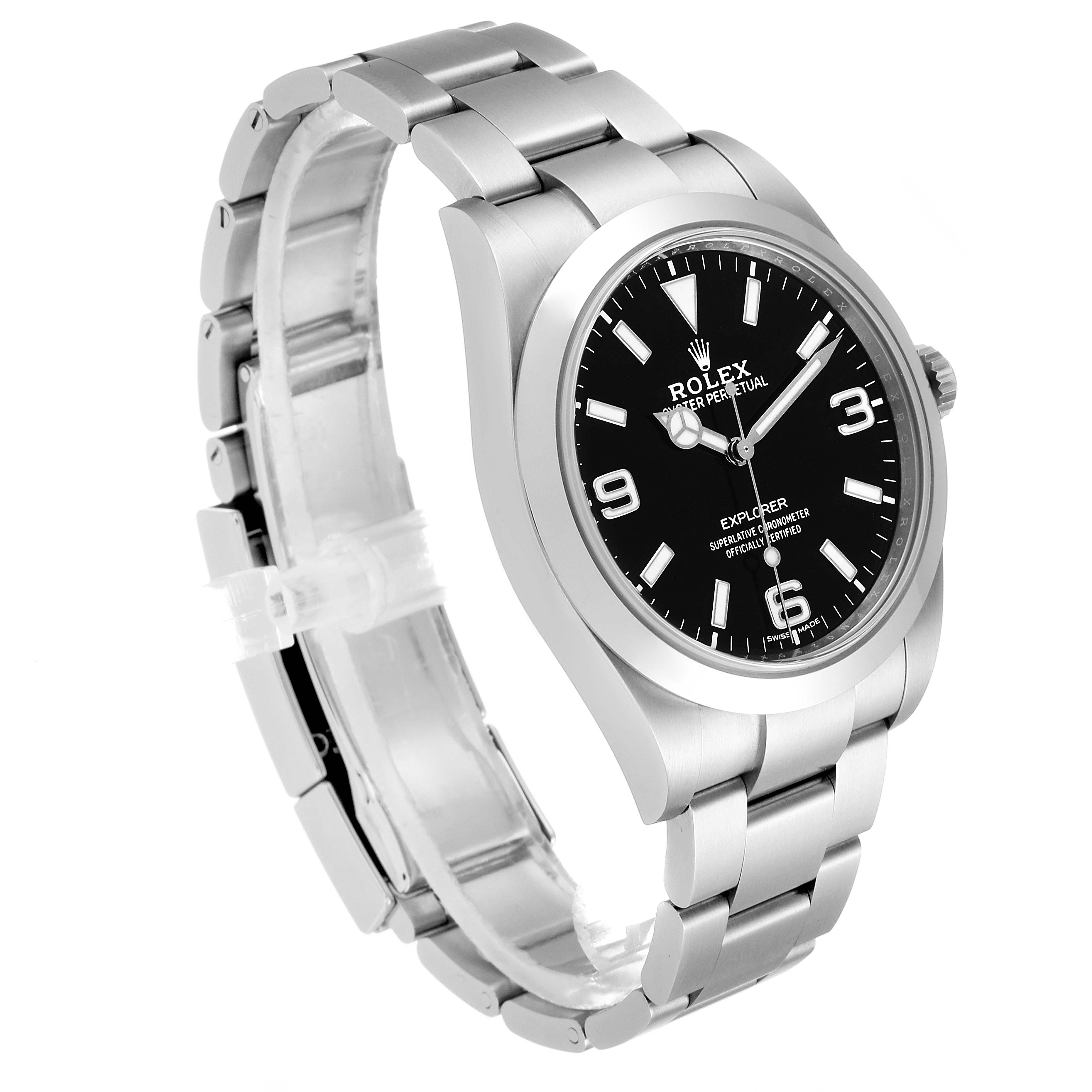 The Rolex Explorer 214270 Men
s Stainless Steel Black Dial 214270 Men
s Stainless Steel Black Dial watch is shown at a three-quarter angle, highlighting the black dial, stainless steel case, and bracelet.