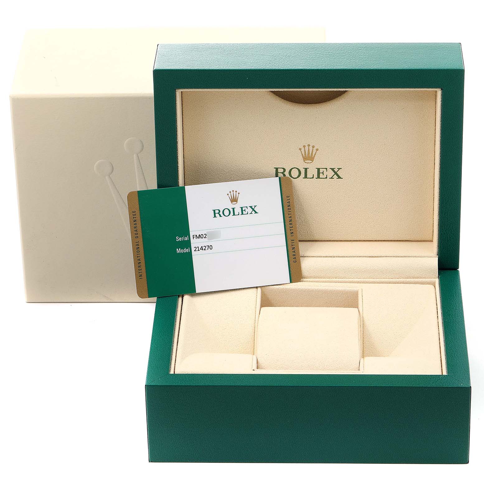 This image shows the packaging and warranty card for a Rolex Explorer 214270 Men
s Stainless Steel Black Dial 214270 Men
s Stainless Steel Black Dial model watch, with the box partially open.