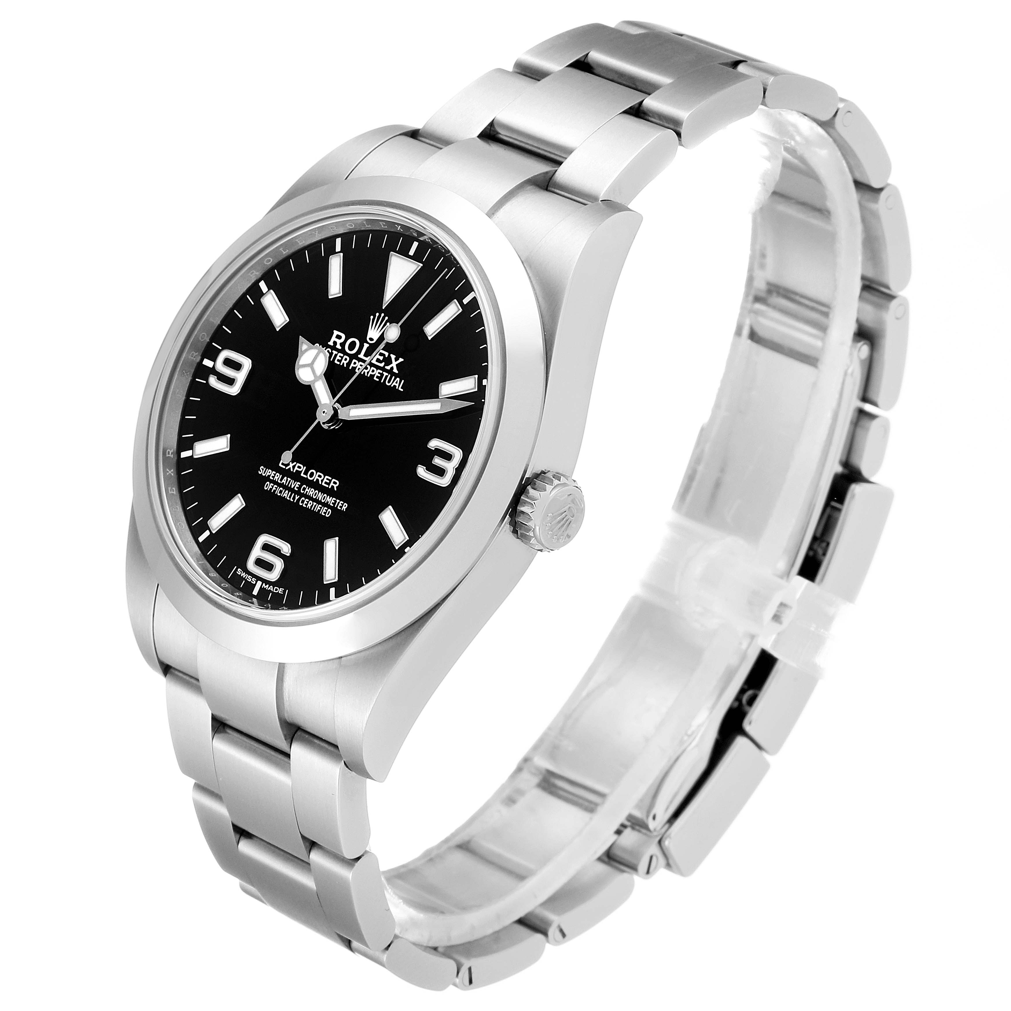 The Rolex Explorer 214270 Men
s Stainless Steel Black Dial 214270 Men
s Stainless Steel Black Dial model watch is shown at a slight side angle, displaying the face, bezel, crown, and bracelet.