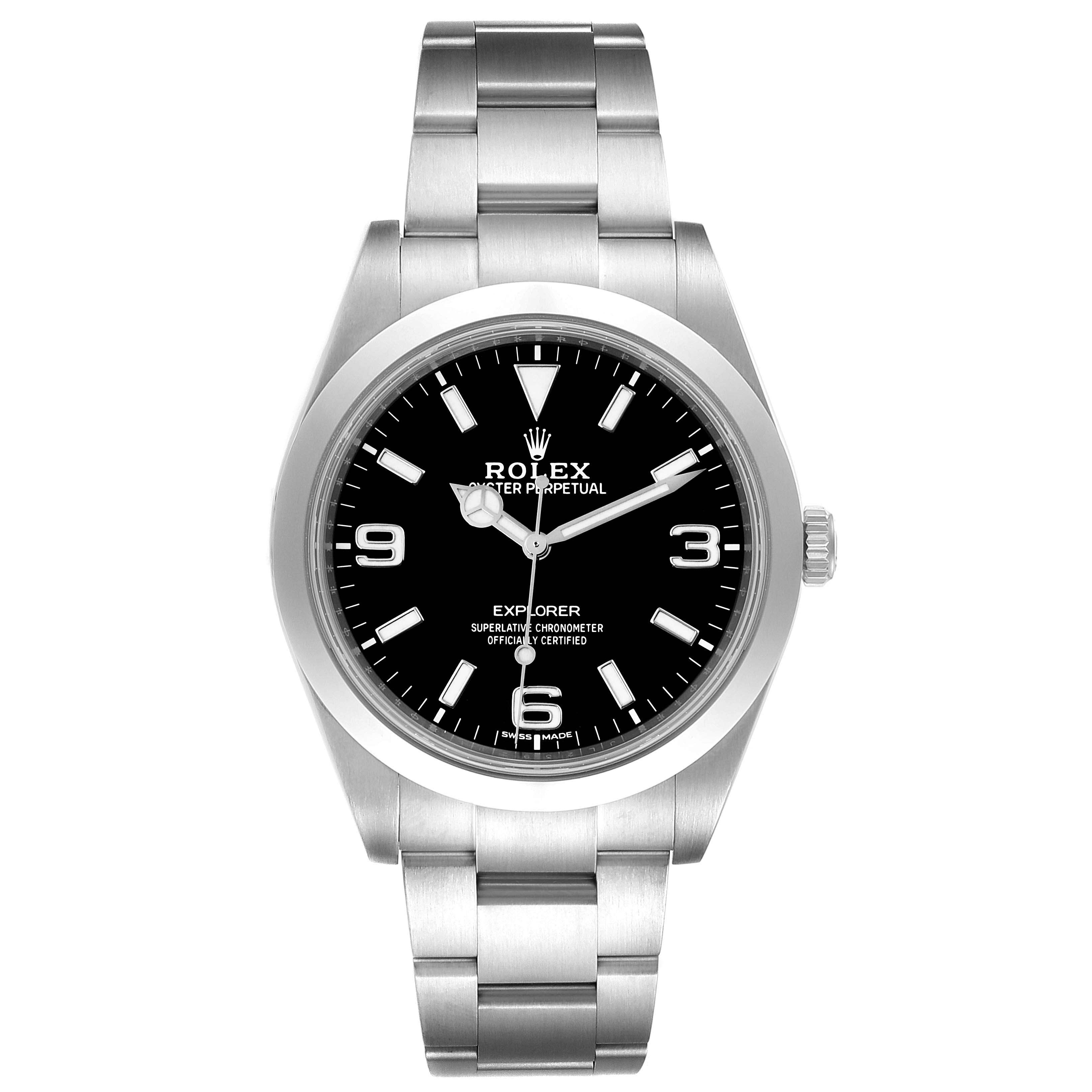 The image shows a front view of a Rolex Explorer 214270 Men
s Stainless Steel Black Dial 214270 Men
s Stainless Steel Black Dial watch, displaying the face, bezel, case, and bracelet.