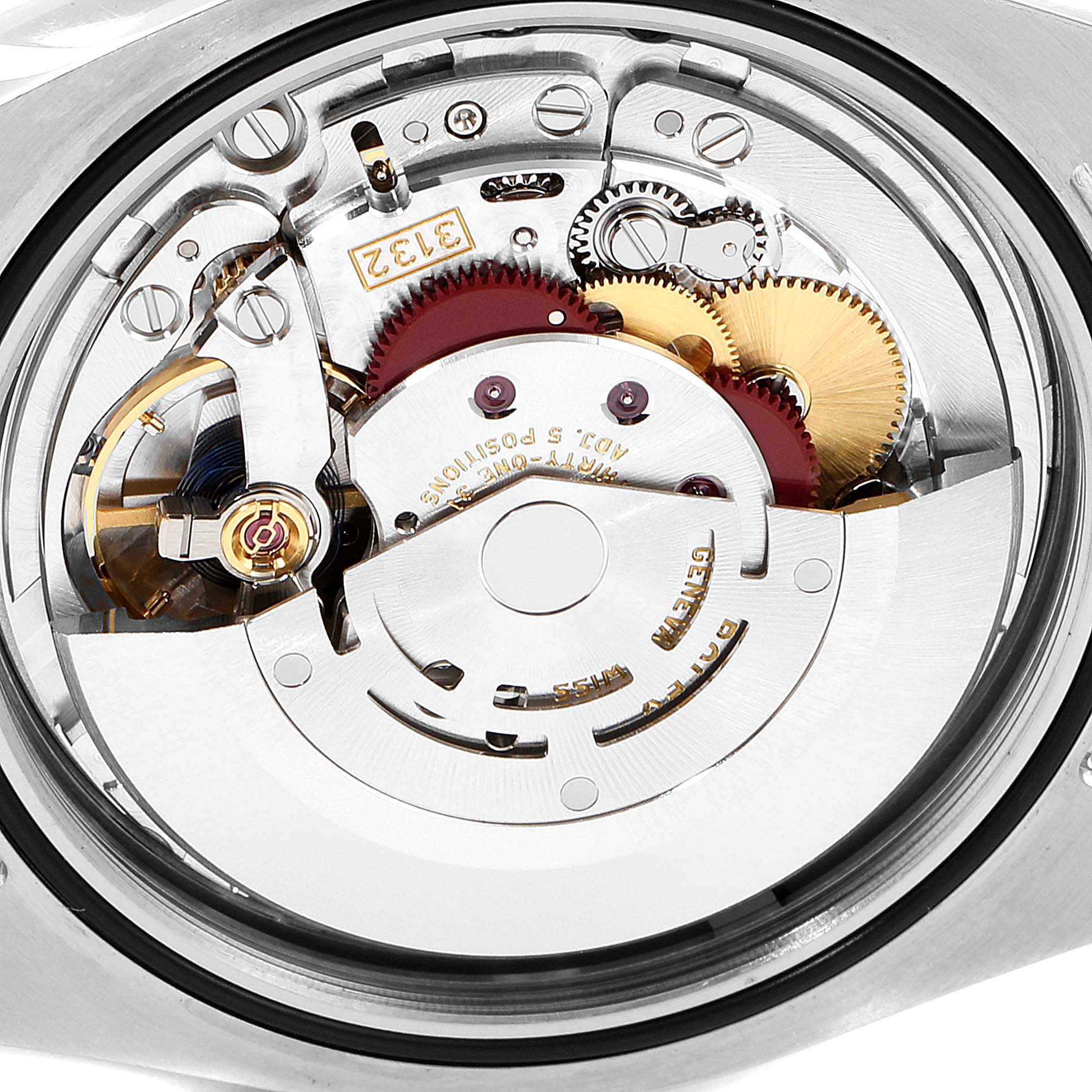 The image shows the intricate internal movement mechanism of a Rolex Explorer 214270 Men
s Stainless Steel Black Dial 214270 Men
s Stainless Steel Black Dial watch, viewed from the back.