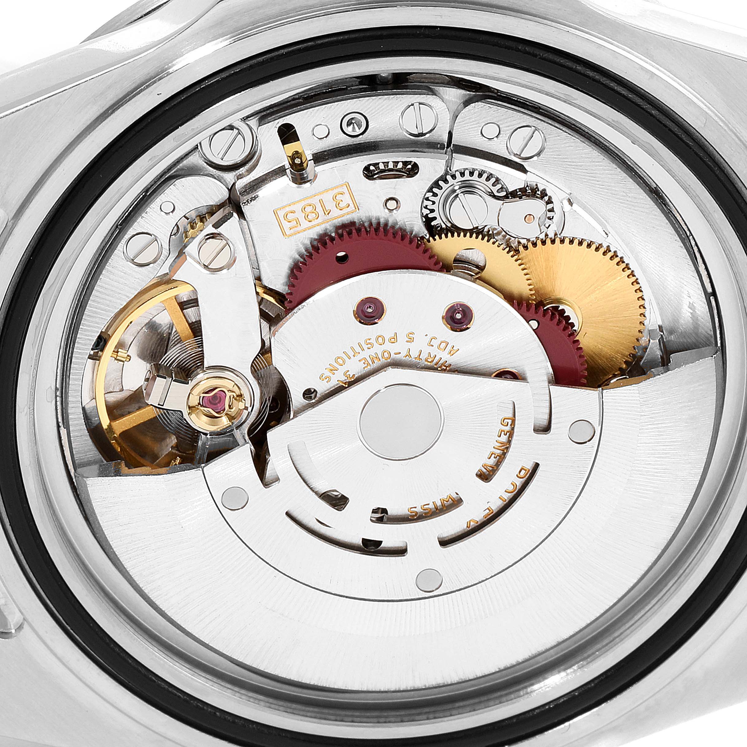 This image shows the movement and internal mechanics of a Rolex Explorer 16570 Men
s Stainless Steel Black Dial 16570 Men
s Stainless Steel Black Dial watch from a macro view angle.