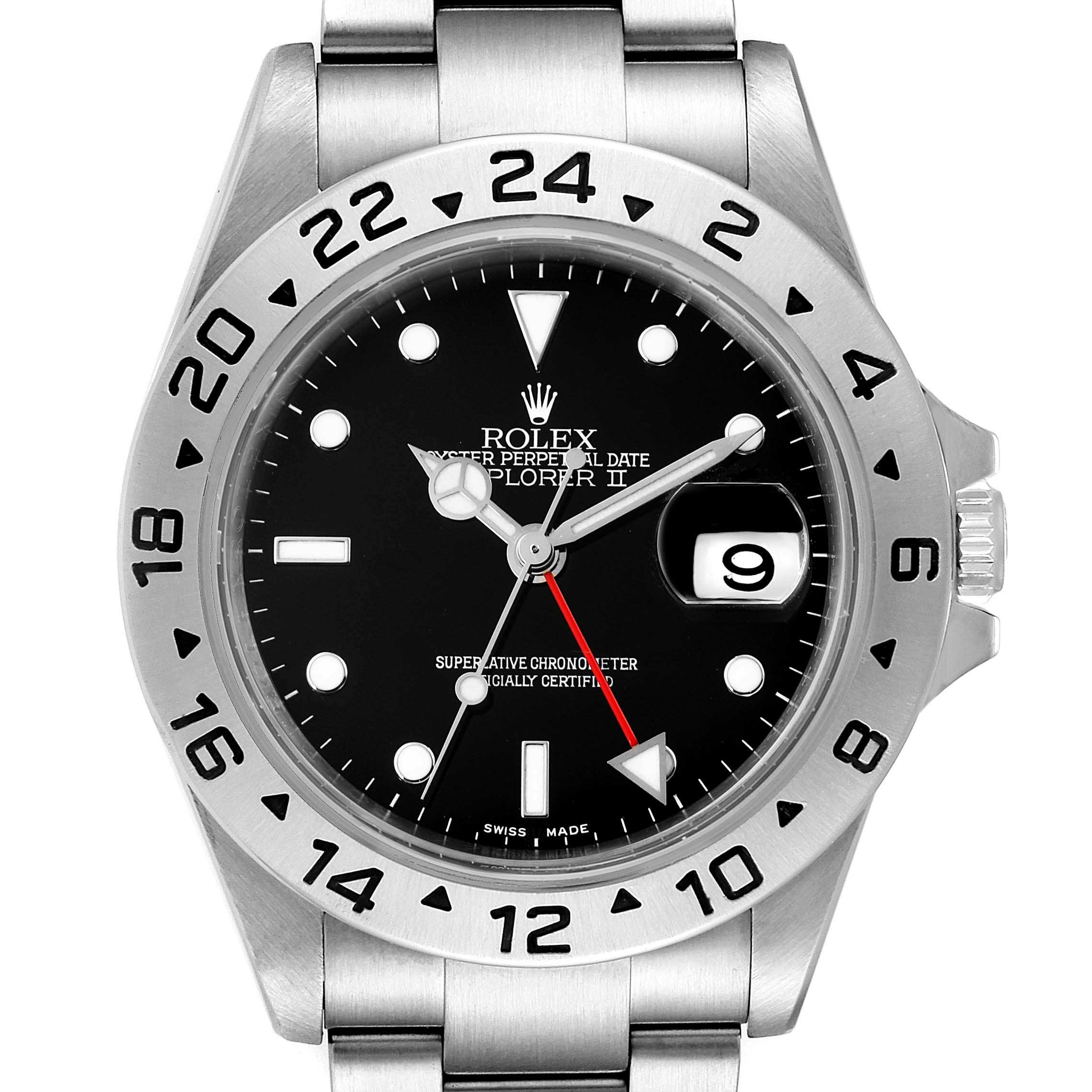 This image shows a front view of the Rolex Explorer 16570 Men
s Stainless Steel Black Dial 16570 Men
s Stainless Steel Black Dial watch, highlighting its bezel, dial, hands, bracelet, and date window.
