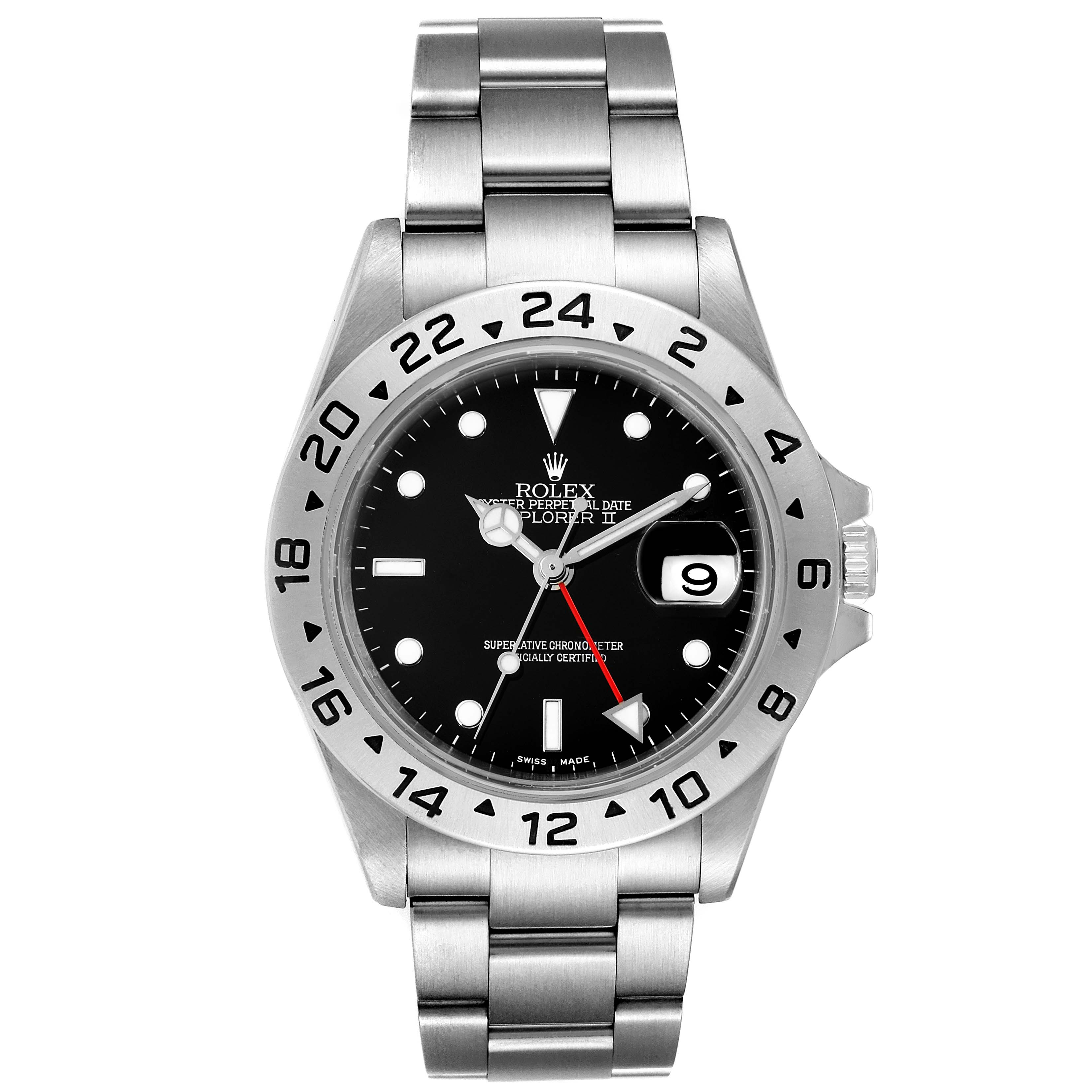 The Rolex Explorer 16570 Men
s Stainless Steel Black Dial 16570 Men
s Stainless Steel Black Dial watch is shown from a straight-on angle featuring the face, bezel, and full bracelet.