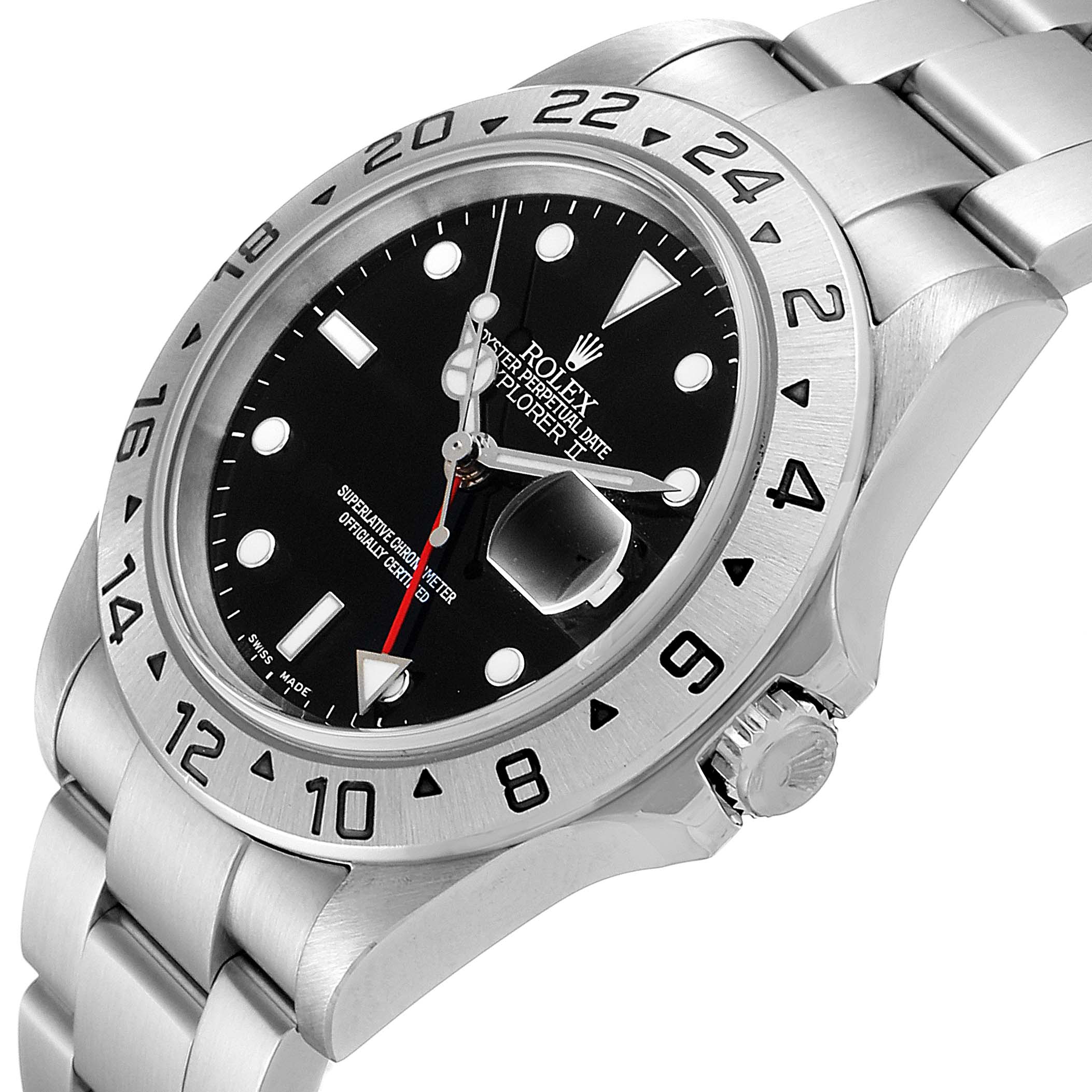 The image shows a side view angle of the Rolex Explorer 16570 Men
s Stainless Steel Black Dial 16570 Men
s Stainless Steel Black Dial model, highlighting the bezel, crown, and part of the bracelet.