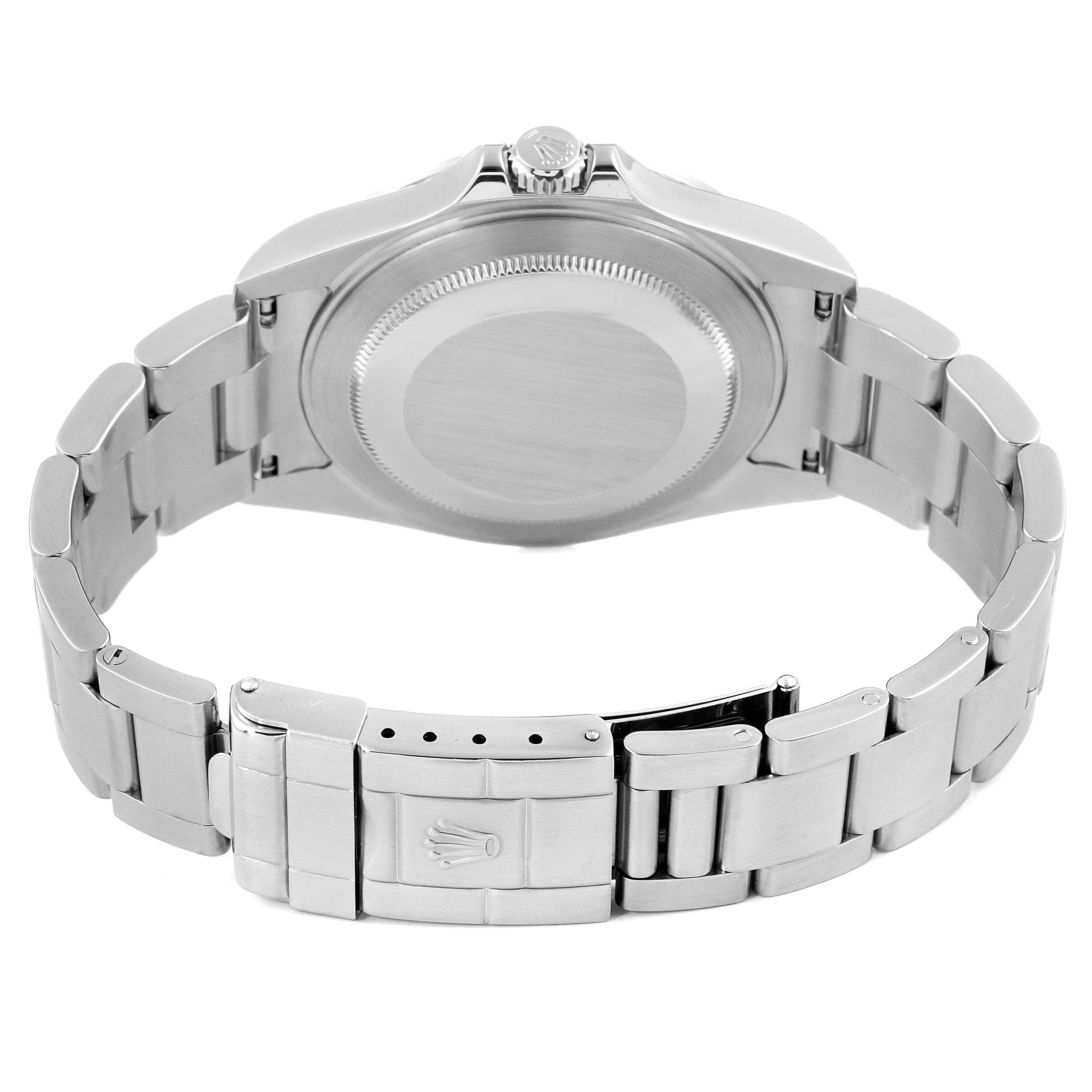 The image shows the back view of a Rolex Explorer 16570 Men
s Stainless Steel Black Dial 16570 Men
s Stainless Steel Black Dial watch, highlighting its case back, bracelet, and clasp.