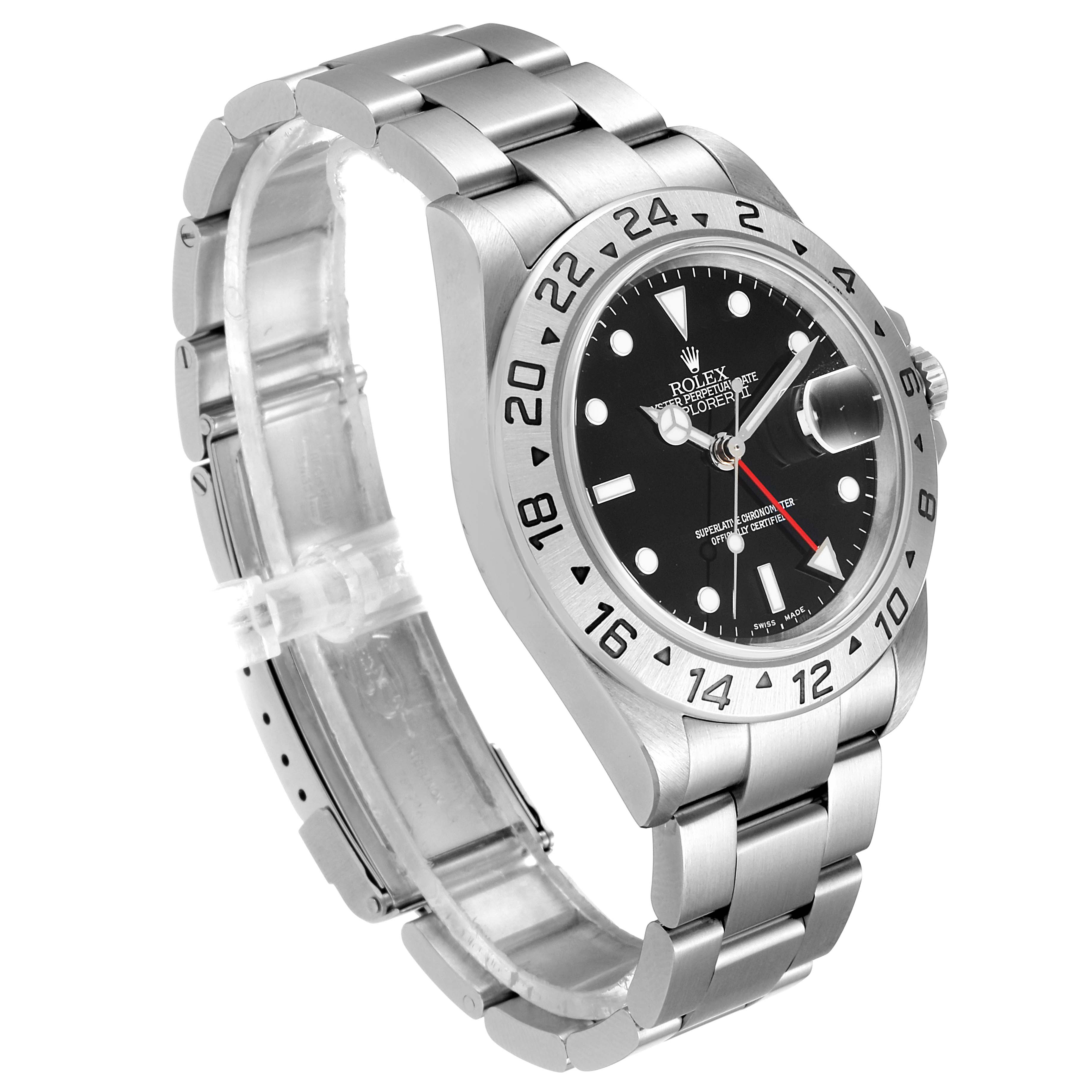 The Rolex Explorer 16570 Men
s Stainless Steel Black Dial 16570 Men
s Stainless Steel Black Dial watch is shown at an angled view, displaying the face, bezel, and metal bracelet.