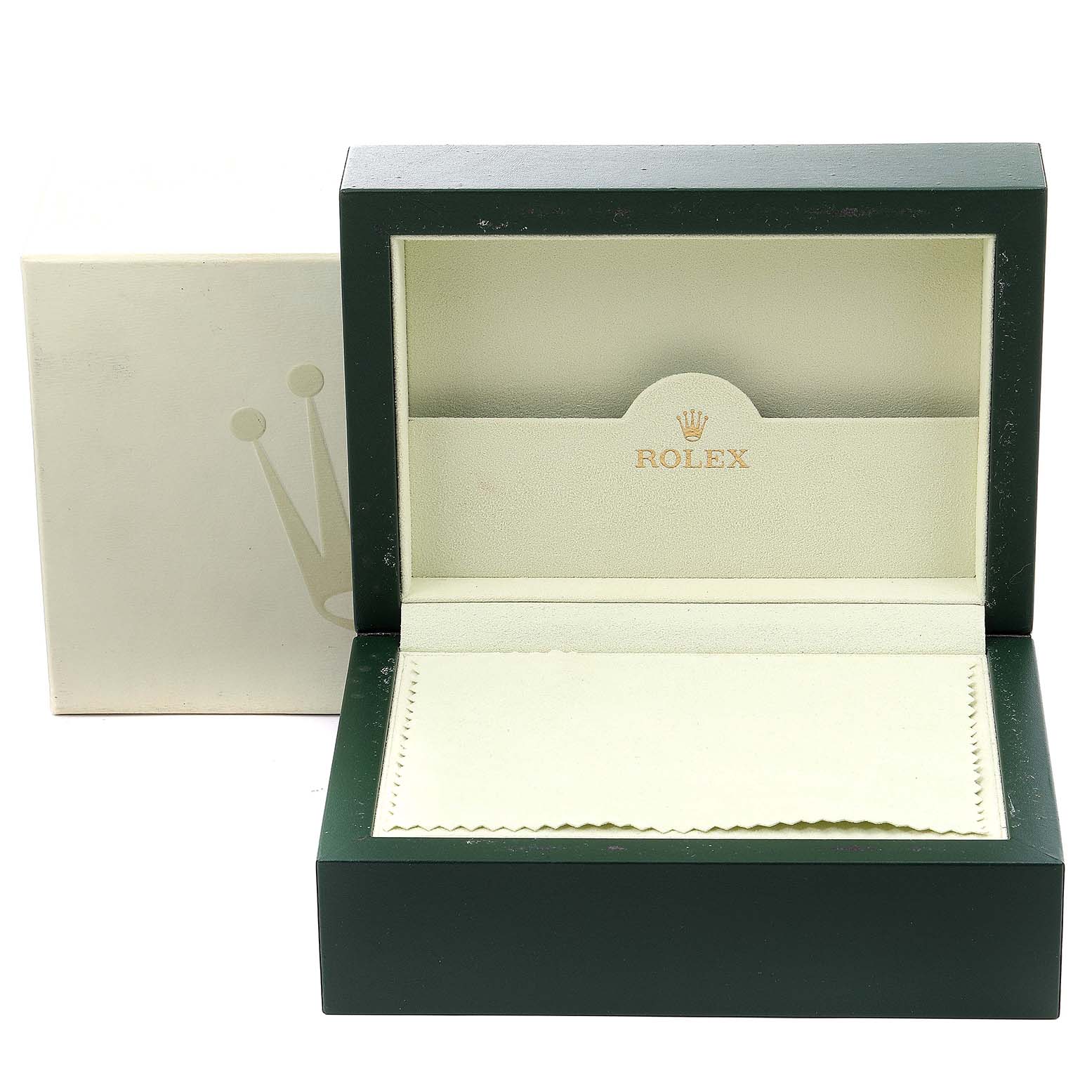 This image shows the box and inner packaging of the Rolex Explorer 16570 Men
s Stainless Steel Black Dial 16570 Men
s Stainless Steel Black Dial model, with the lid open to reveal the interior lining.