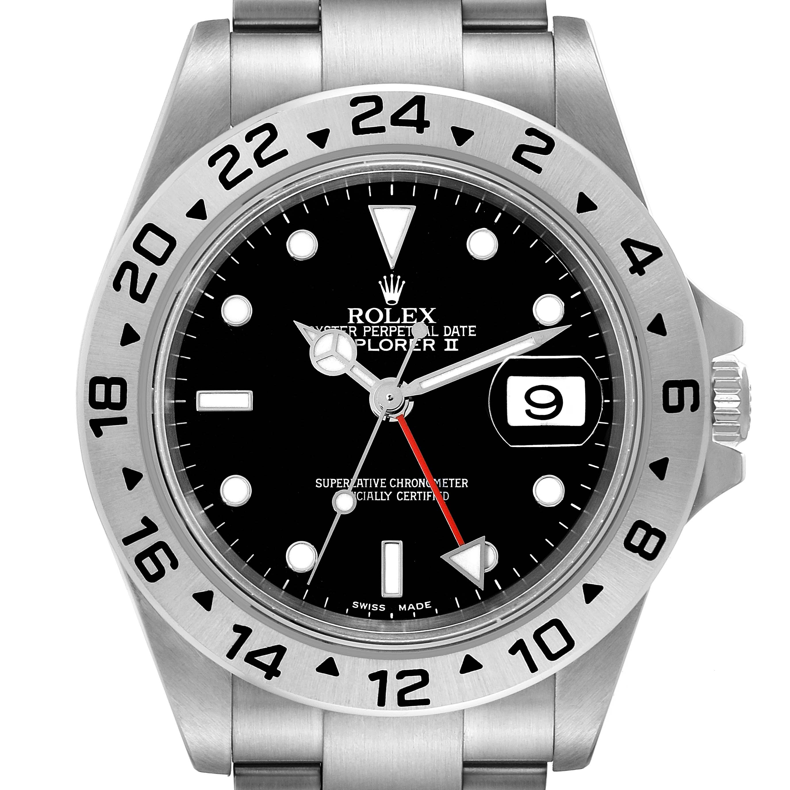 The Rolex Explorer 16570 Men's Stainless Steel Black Dial 16570 Men's Stainless Steel Black Dial watch is shown from a front-facing angle, highlighting its dial, hands, bezel, and bracelet.