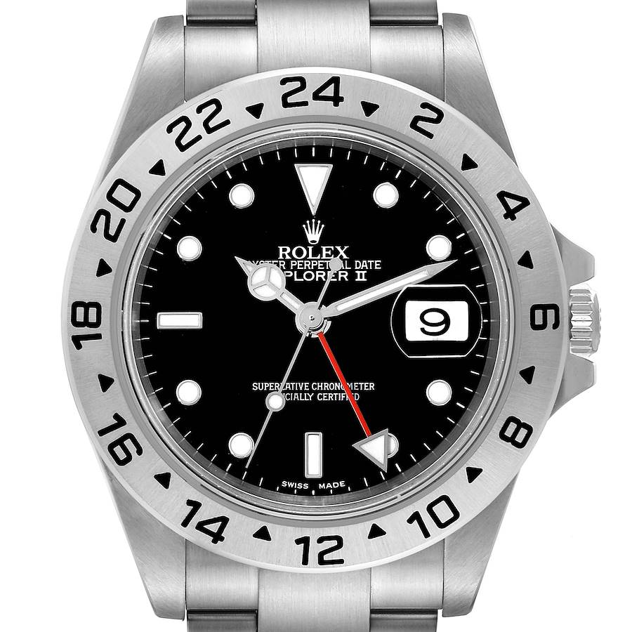 Rolex Explorer II GMT 40mm Black Dial Red Hand Steel Mens Watch 16570 Box Papers SwissWatchExpo