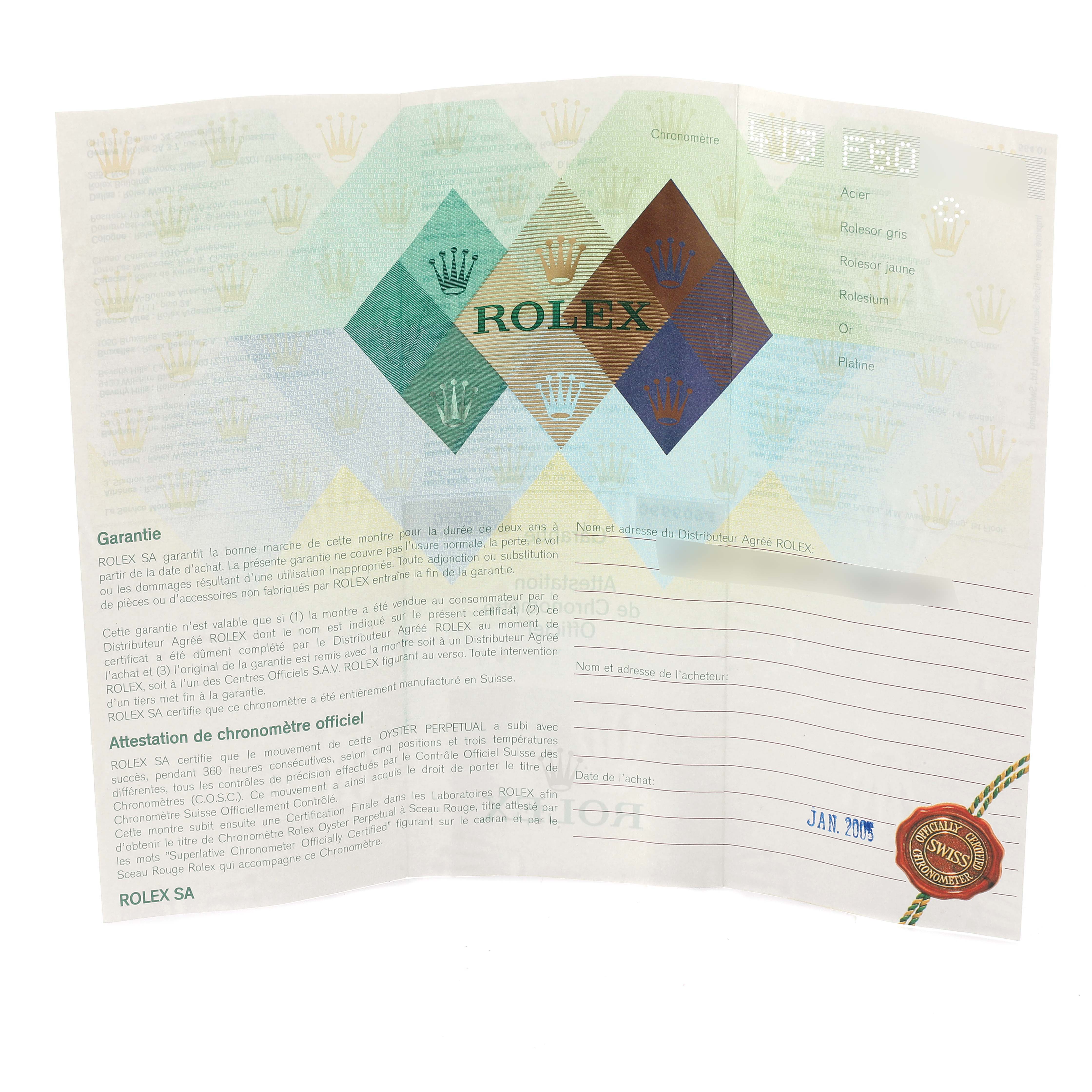 This image shows the warranty and official chronometer certification papers for a Rolex Explorer 16570 Men's Stainless Steel Black Dial 16570 Men's Stainless Steel Black Dial watch.