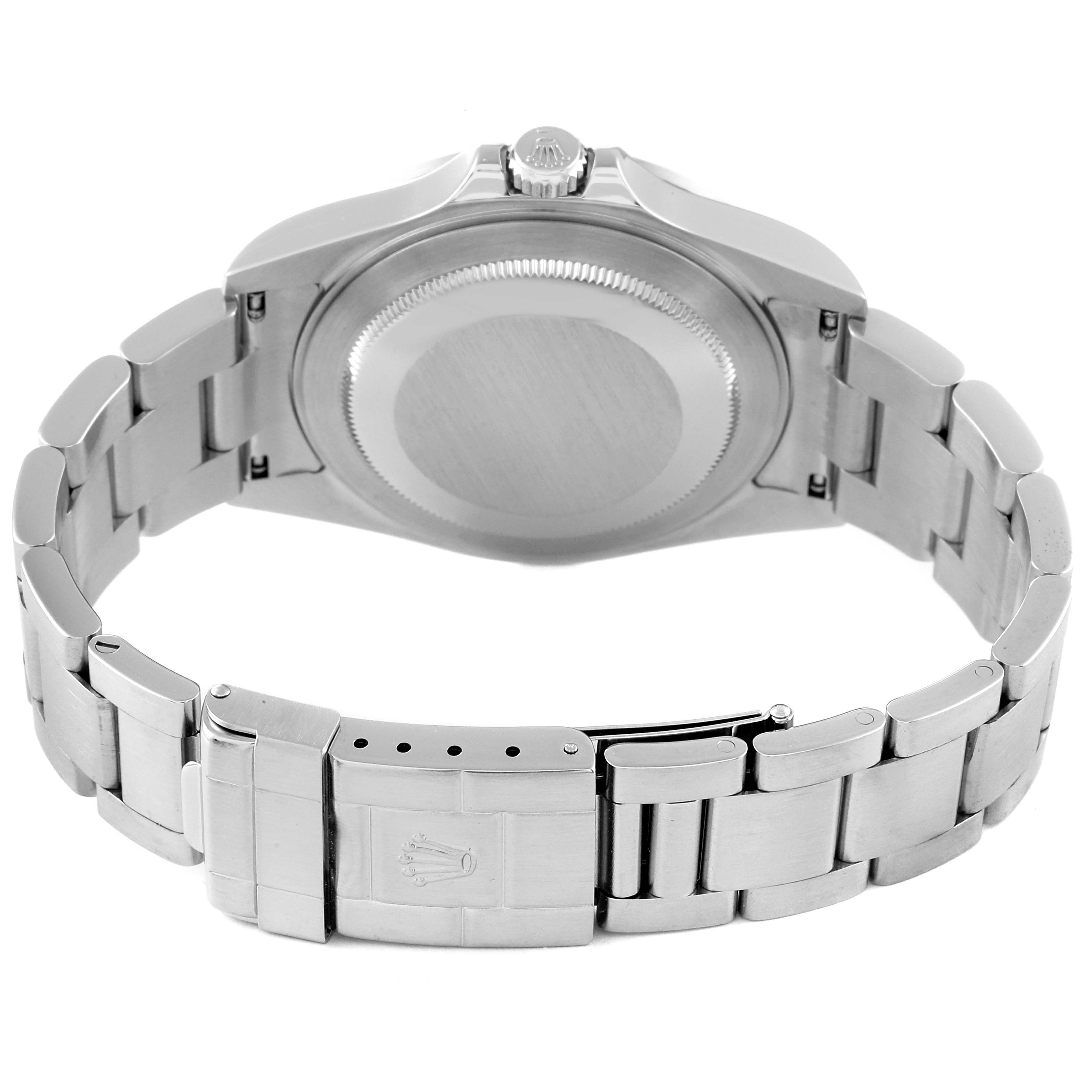 The image shows the backside and bracelet of a Rolex Explorer 16570 Men's Stainless Steel Black Dial 16570 Men's Stainless Steel Black Dial watch, displaying its case back, crown, and clasp.