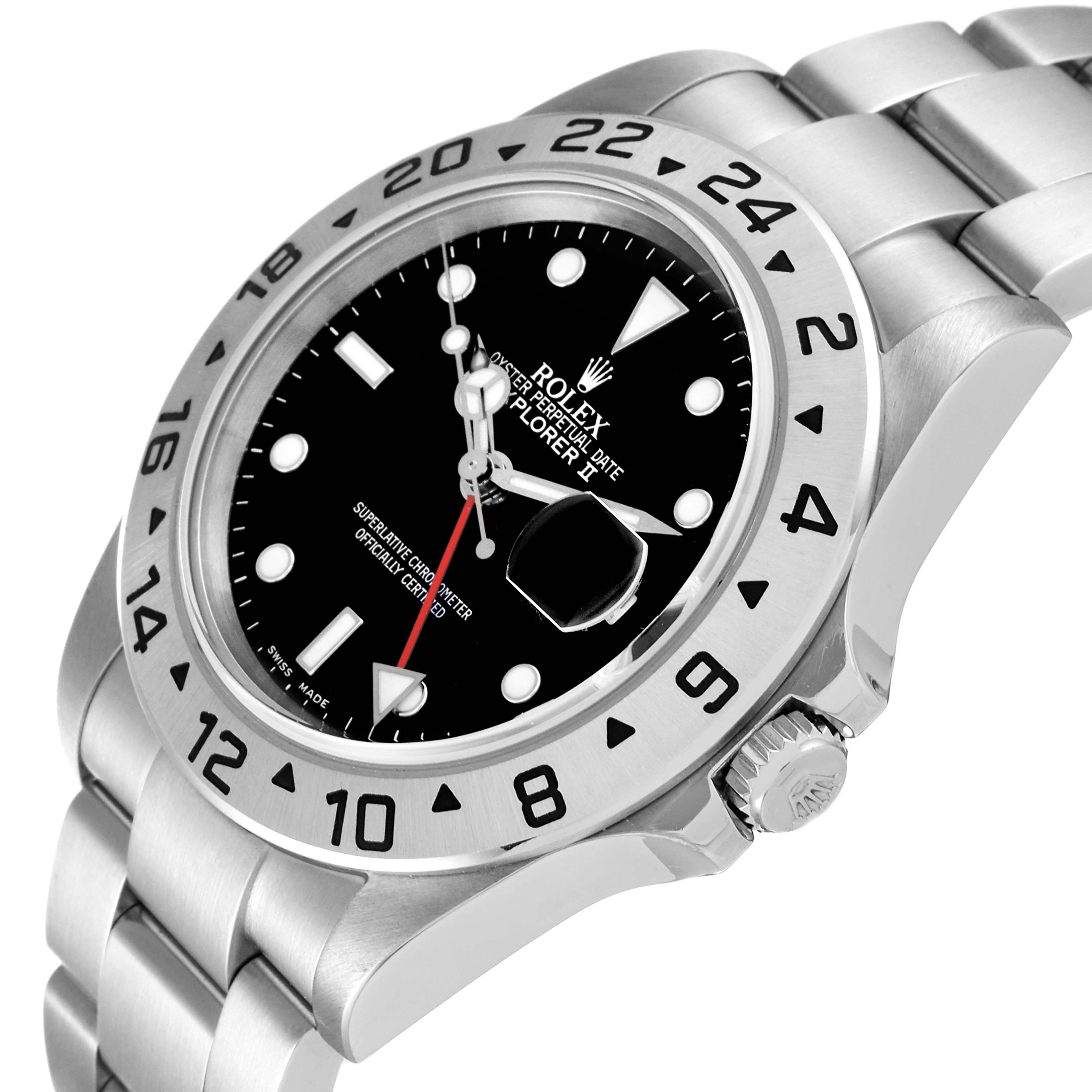 The Rolex Explorer 16570 Men's Stainless Steel Black Dial 16570 Men's Stainless Steel Black Dial model watch is shown at a slight angle, highlighting the bracelet, bezel, crown, and dial with a date magnifier.