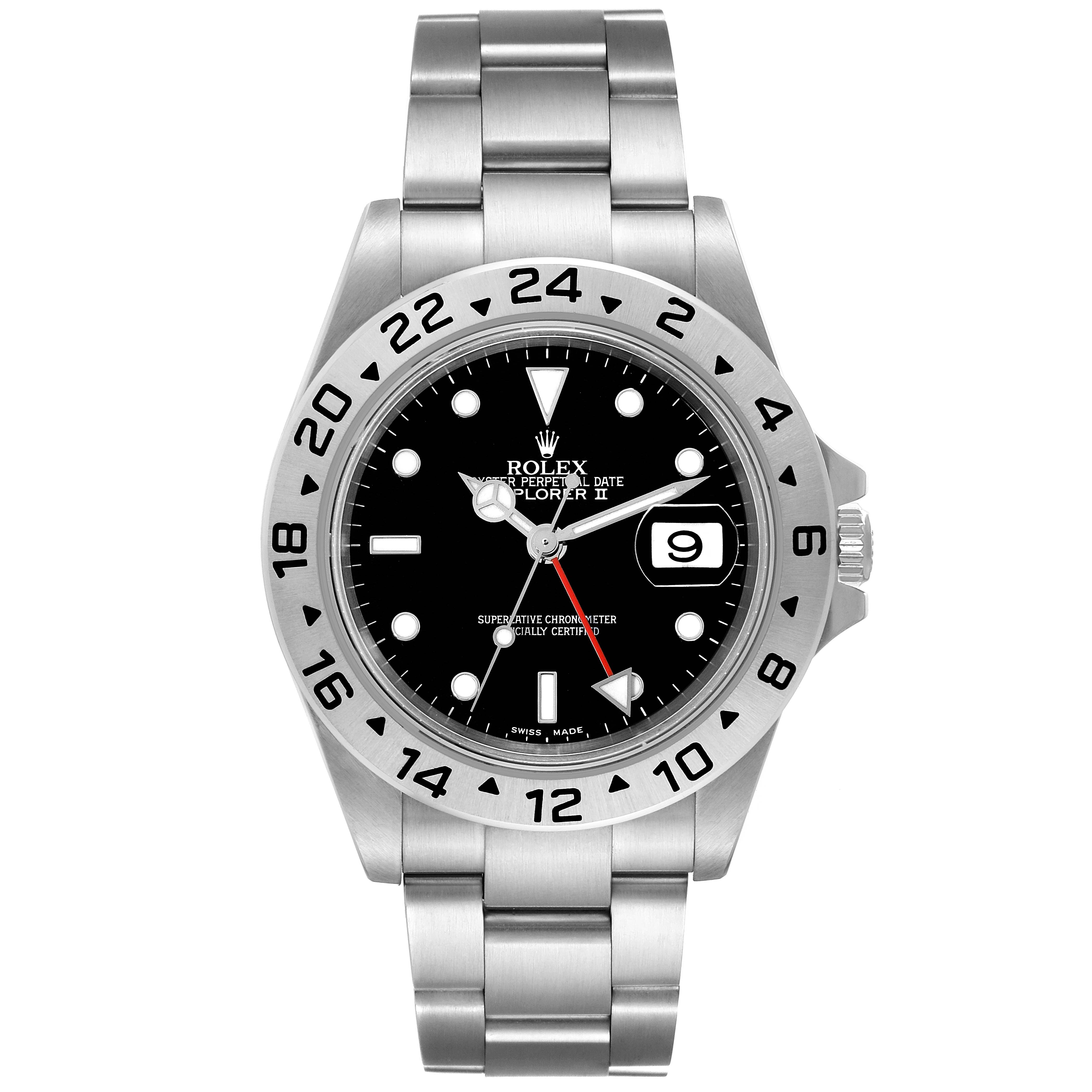 The image shows a front view of a Rolex Explorer 16570 Men's Stainless Steel Black Dial 16570 Men's Stainless Steel Black Dial watch, displaying the dial, bezel, and bracelet.