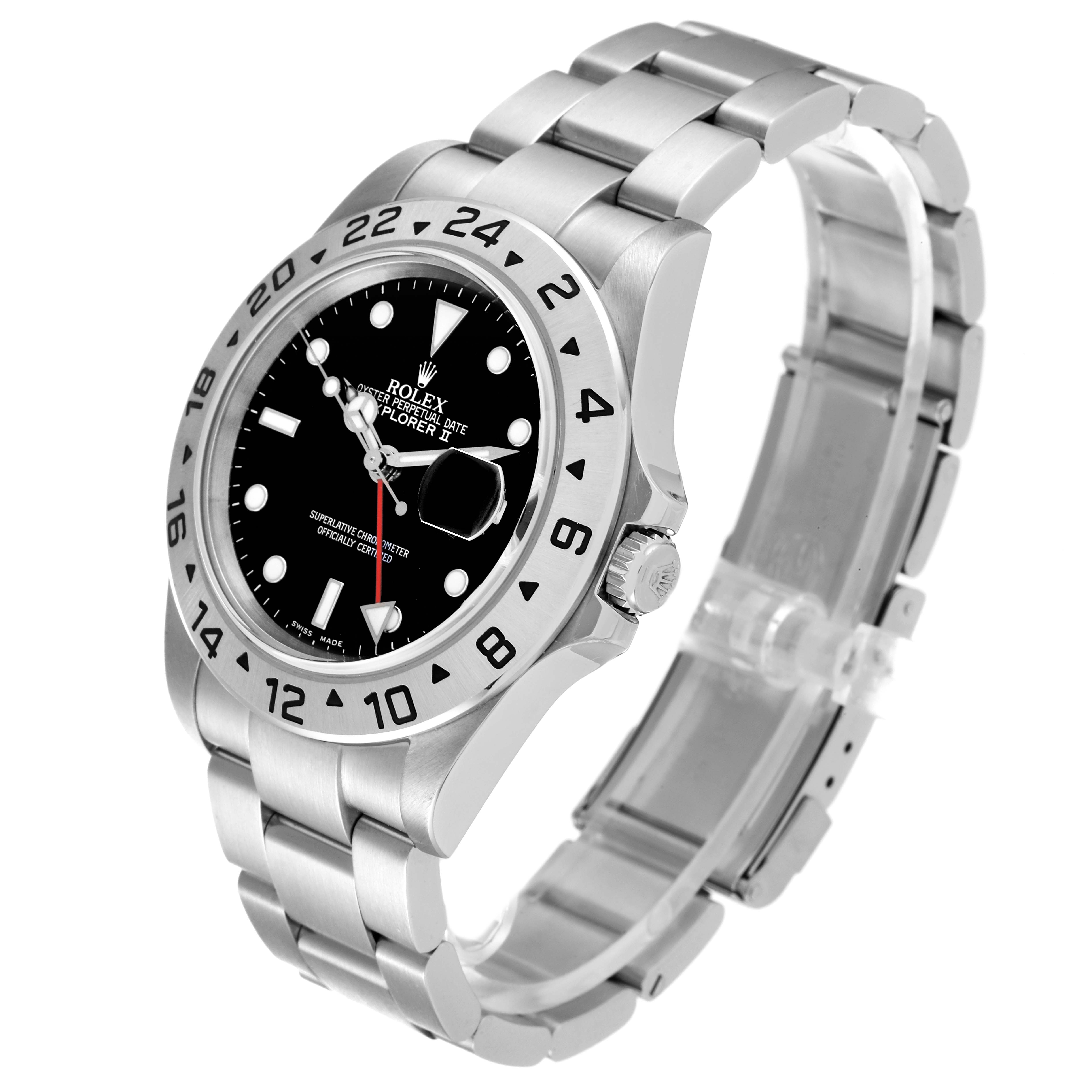 The Rolex Explorer 16570 Men's Stainless Steel Black Dial 16570 Men's Stainless Steel Black Dial model watch is shown at a slight angle, highlighting its face, bezel, crown, and stainless steel bracelet.