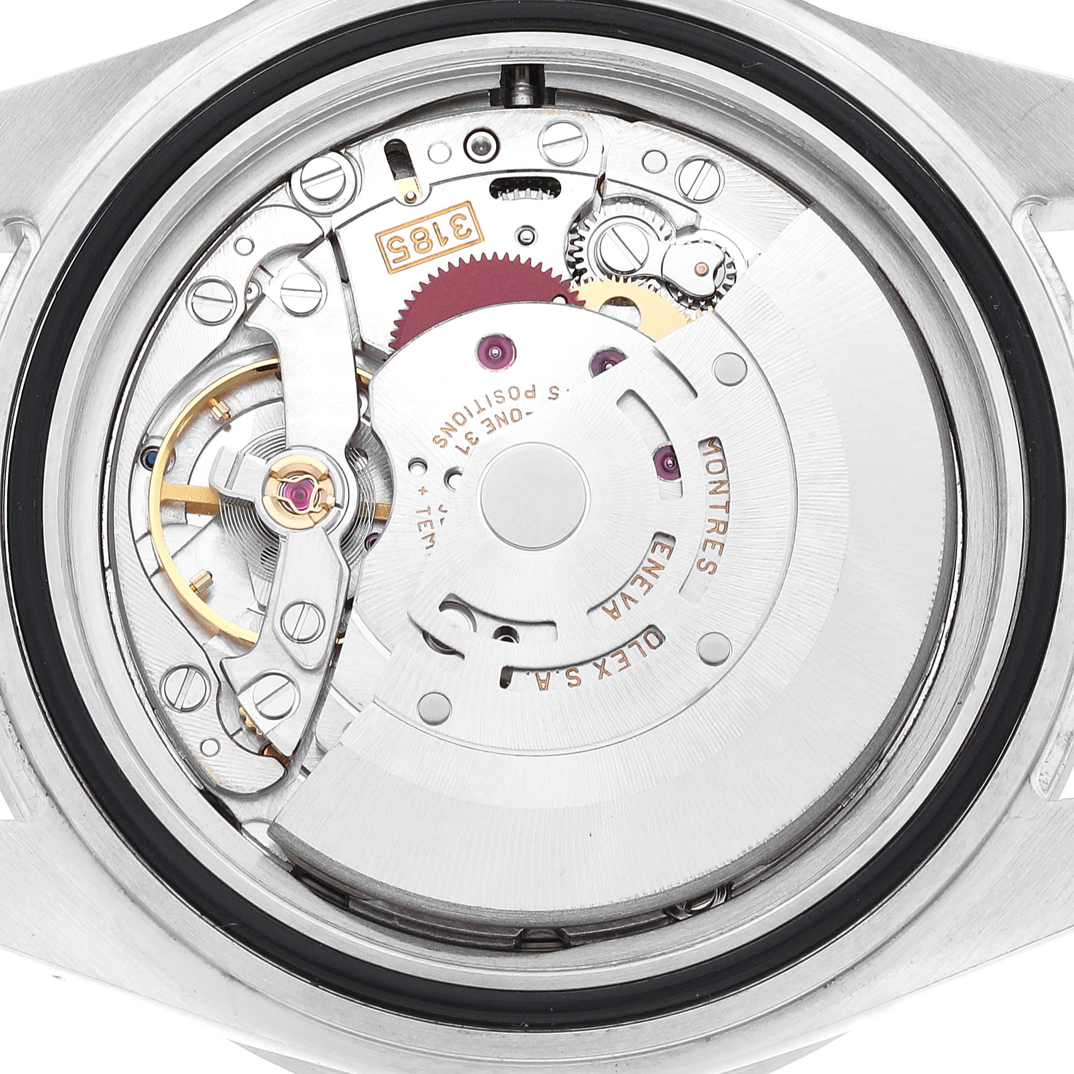 This image shows the inner movement mechanism of the Rolex Explorer 16570 Men
s Stainless Steel Black Dial 16570 Men
s Stainless Steel Black Dial model watch from a backside angle.