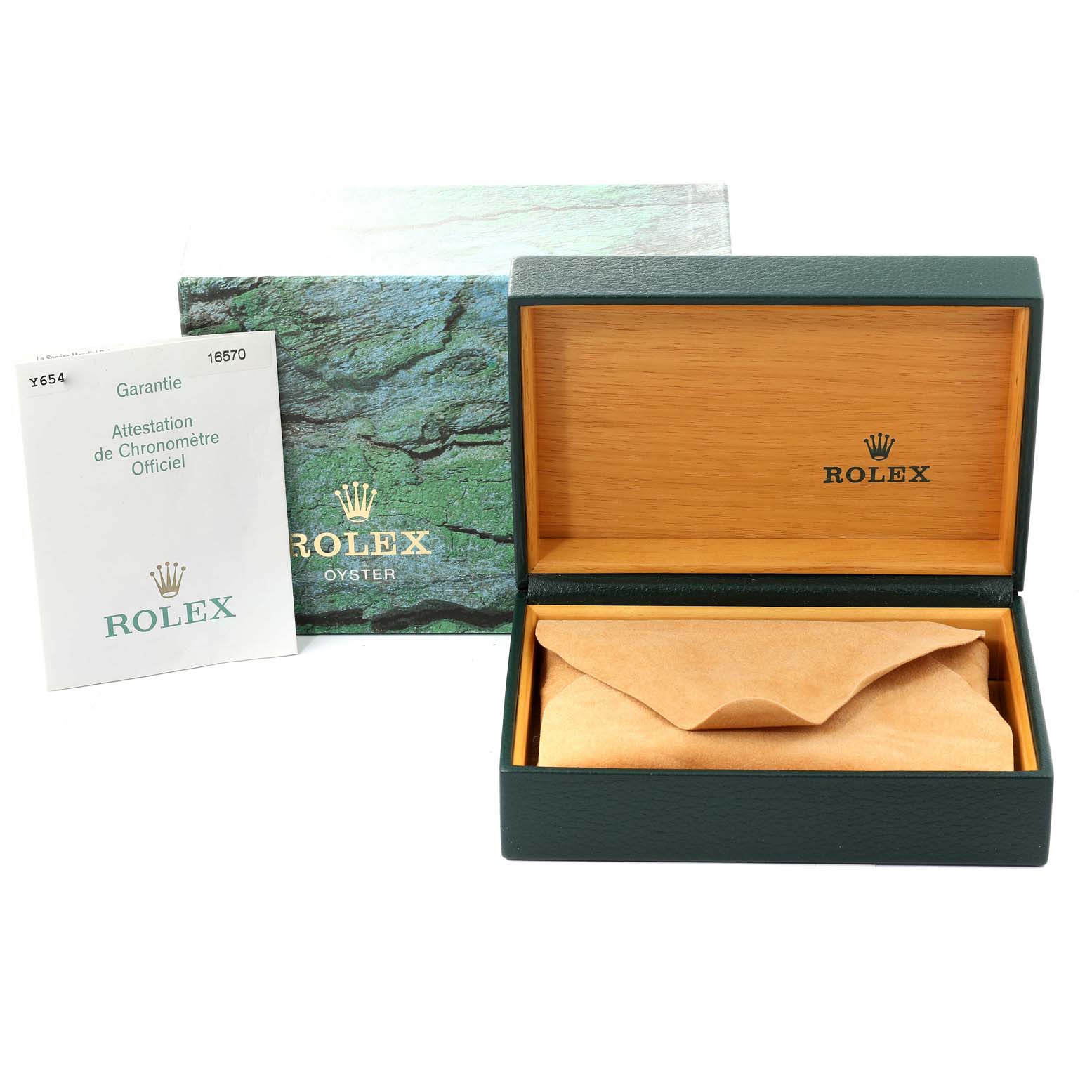 The image shows an open Rolex Explorer 16570 Men
s Stainless Steel Black Dial 16570 Men
s Stainless Steel Black Dial watch box, warranty card, and outer packaging at a straight-on angle.