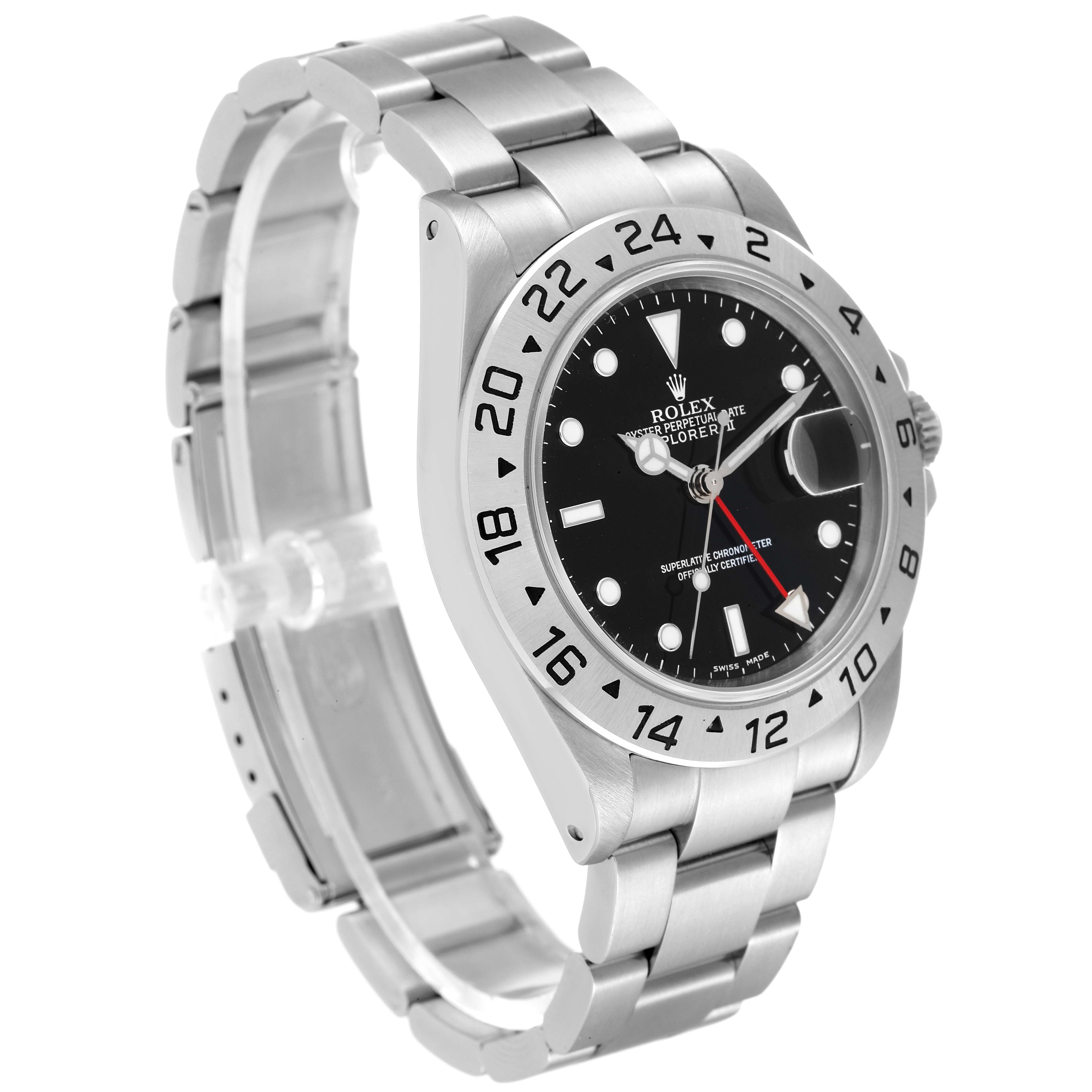 The image shows a Rolex Explorer 16570 Men
s Stainless Steel Black Dial 16570 Men
s Stainless Steel Black Dial watch at an angled side view, highlighting the face, bezel, case, and bracelet.
