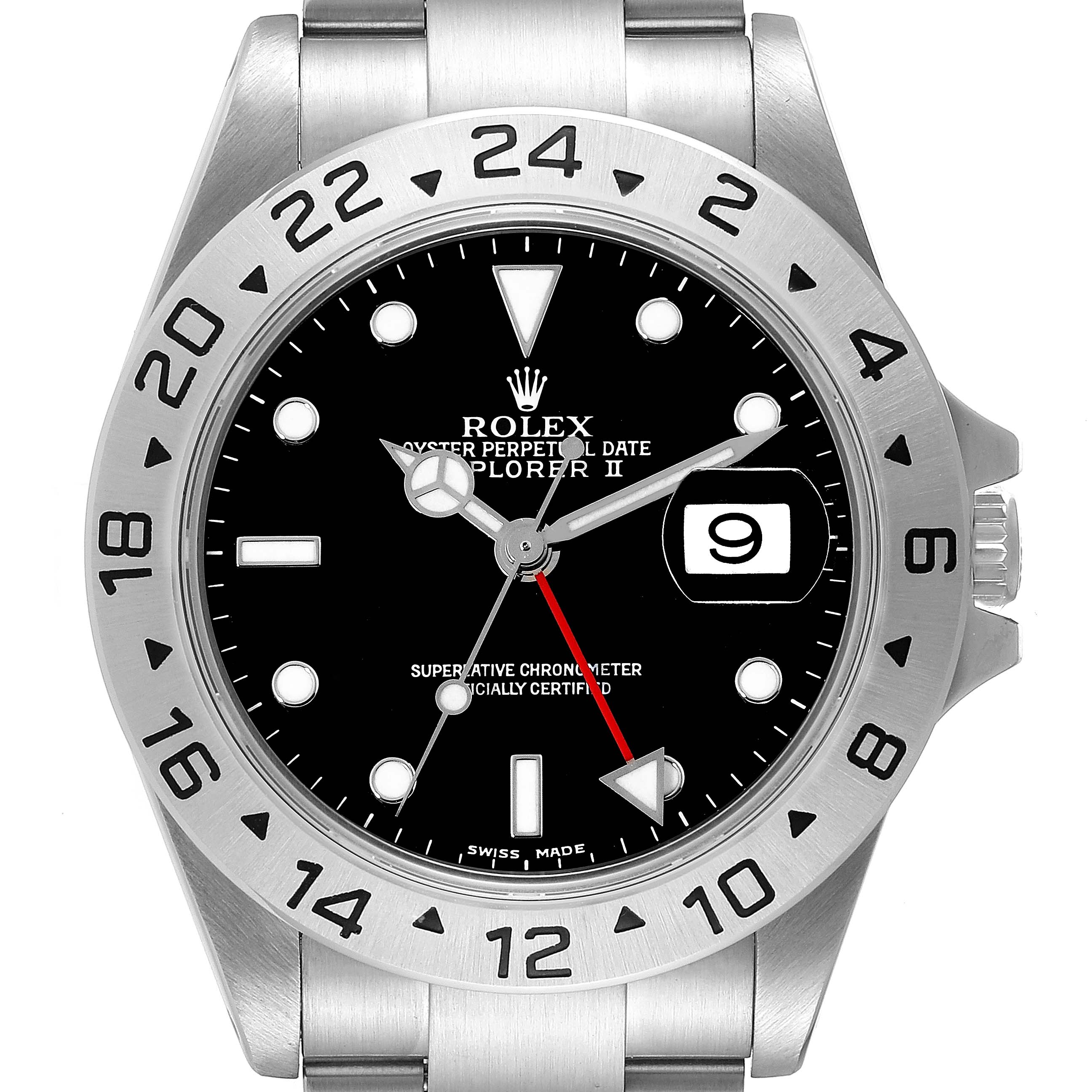 The image shows a front view of the Rolex Explorer 16570 Men
s Stainless Steel Black Dial 16570 Men
s Stainless Steel Black Dial watch, including its bezel, dial, hands, and part of the bracelet.