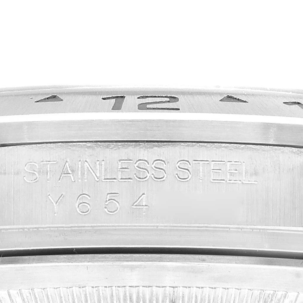 This image shows a close-up of the stainless steel case and engraving of a Rolex Explorer 16570 Men
s Stainless Steel Black Dial 16570 Men
s Stainless Steel Black Dial watch.