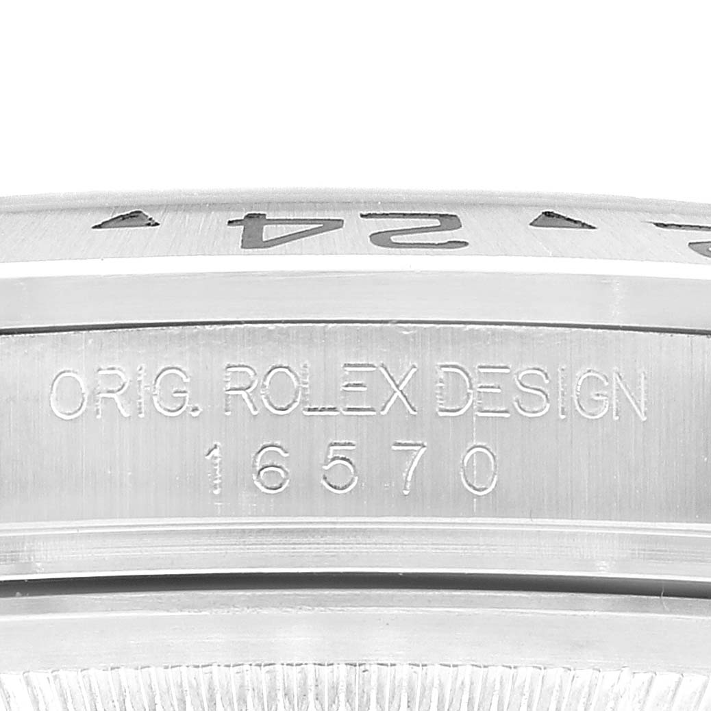 This image displays the side of the case of a Rolex Explorer 16570 Men
s Stainless Steel Black Dial 16570 Men
s Stainless Steel Black Dial watch, showcasing the model number and Rolex engraving.