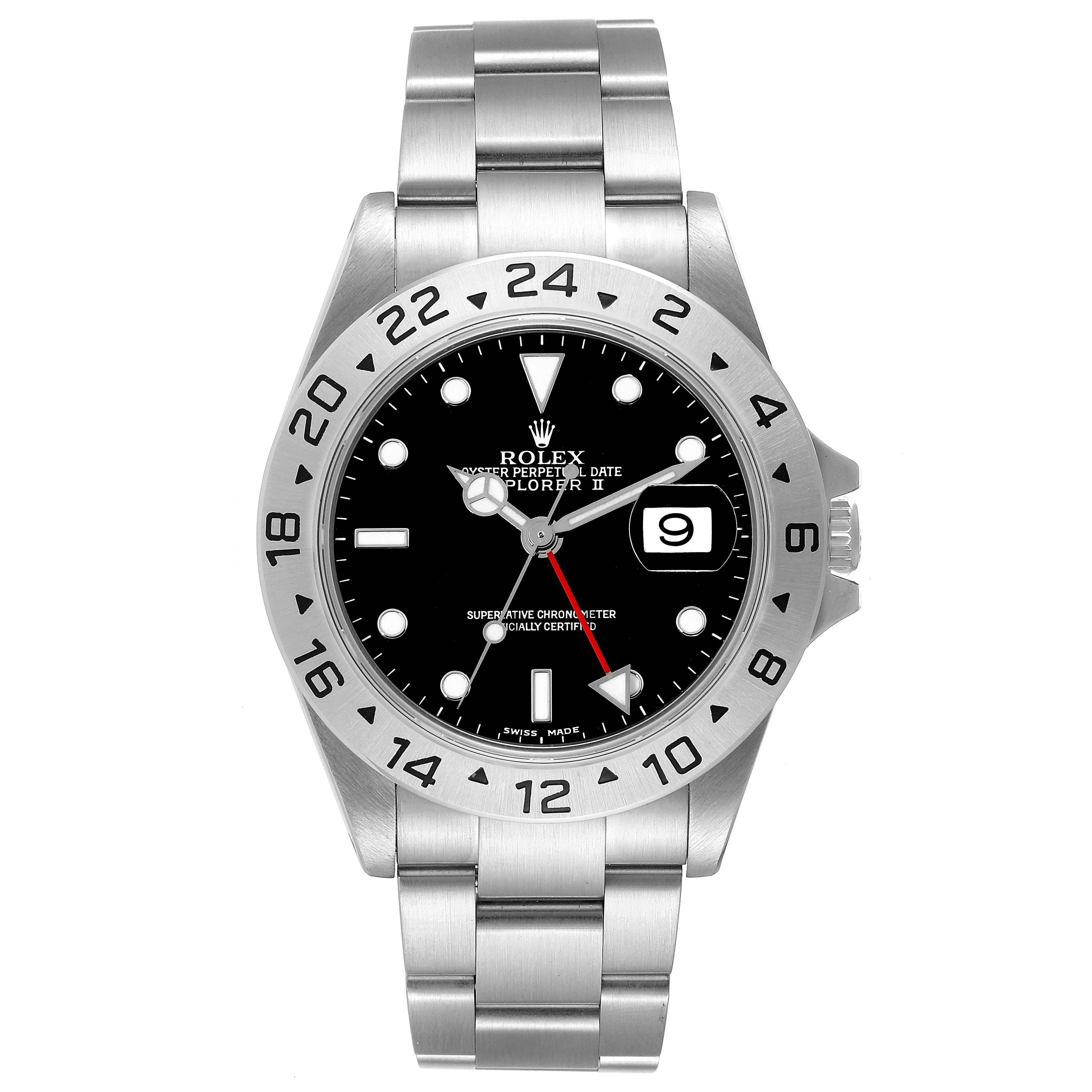 This image shows a front view of a Rolex Explorer 16570 Men
s Stainless Steel Black Dial 16570 Men
s Stainless Steel Black Dial watch, highlighting the dial, bezel, case, and bracelet.