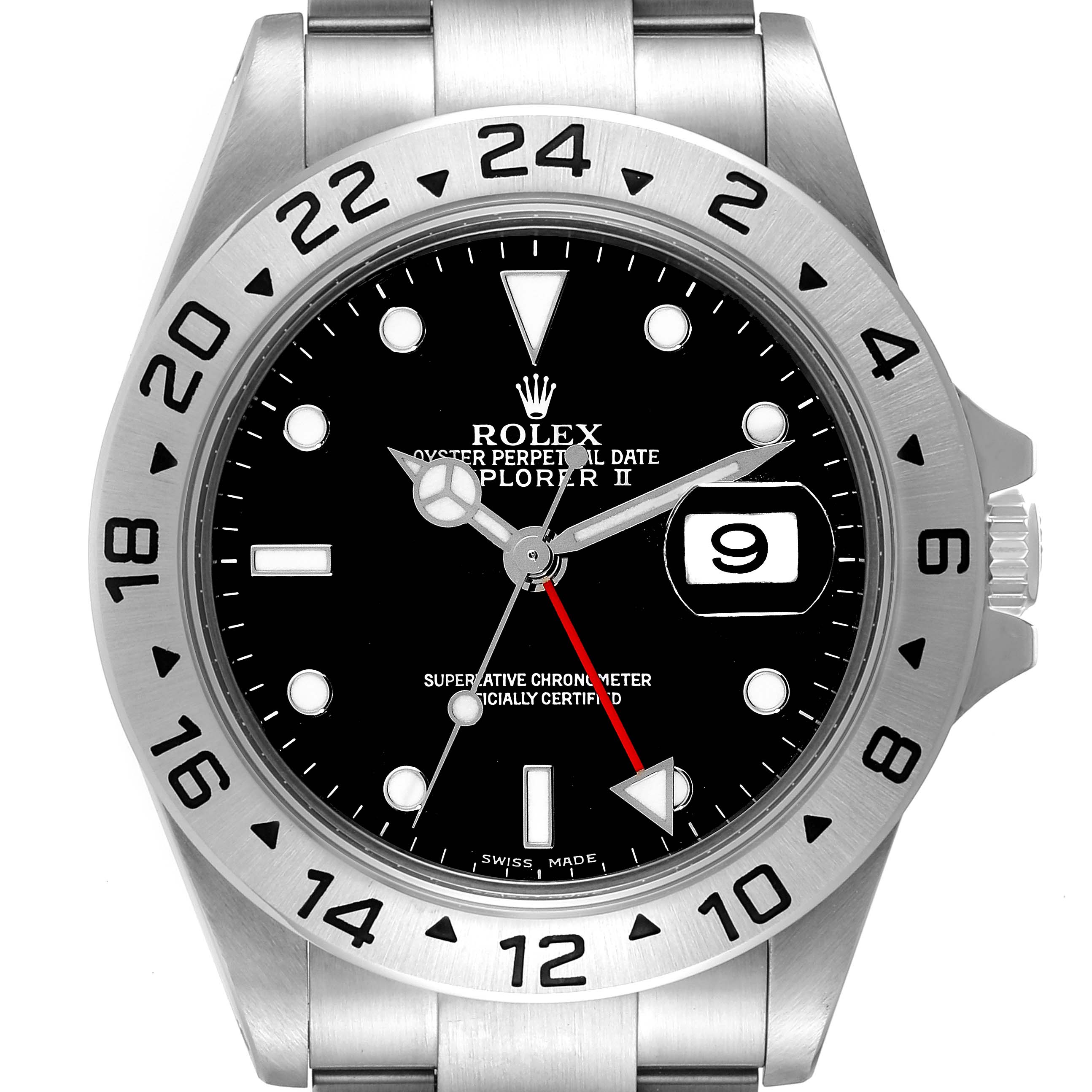 The image shows a front view of the Rolex Explorer 16570 Men
s Stainless Steel Black Dial 16570 Men
s Stainless Steel Black Dial watch, highlighting its bezel, dial, hour markers, and bracelet.
