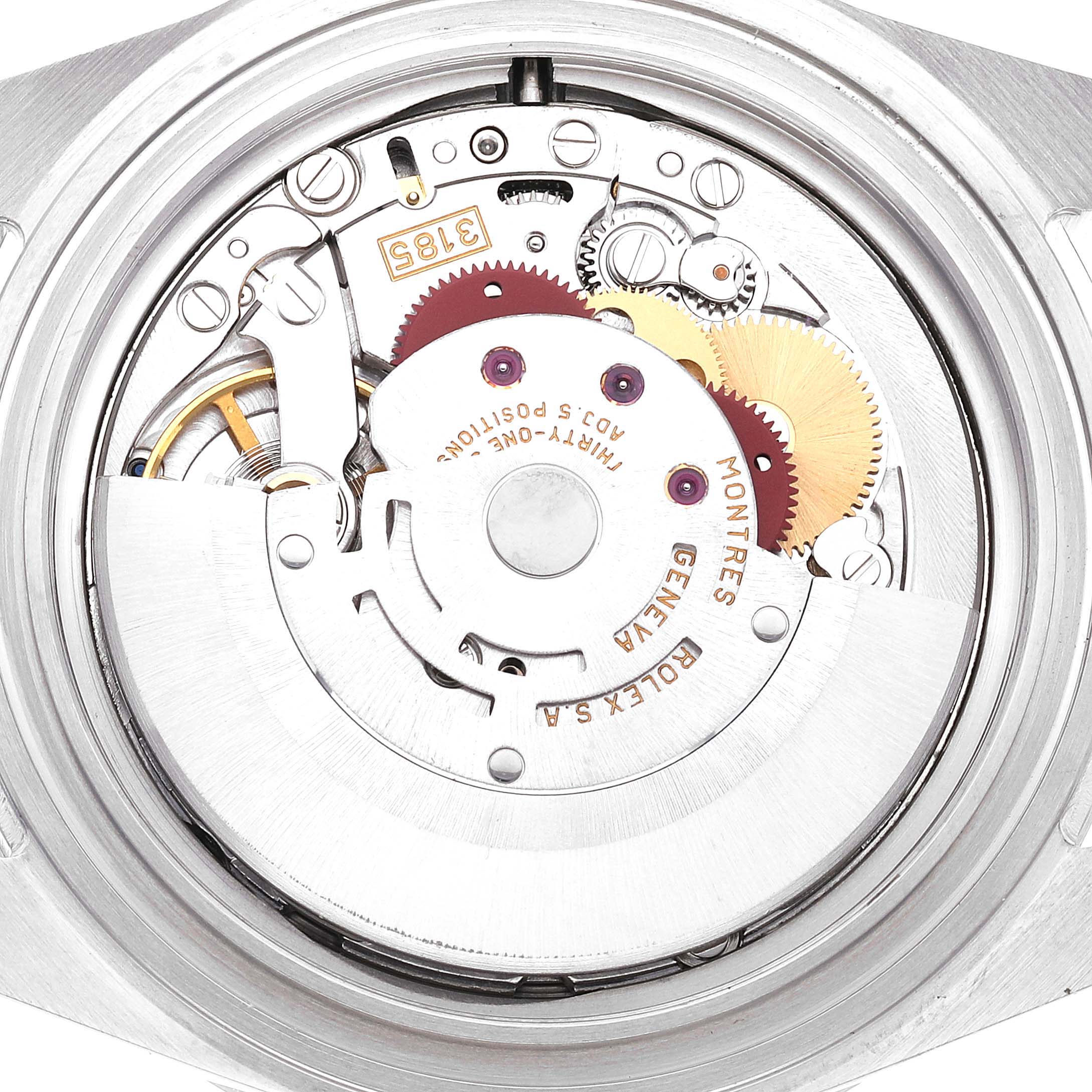 This image shows the internal mechanism of a Rolex Explorer 16570 Men
s Stainless Steel Black Dial 16570 Men
s Stainless Steel Black Dial watch from a rear angle, highlighting gears and components.