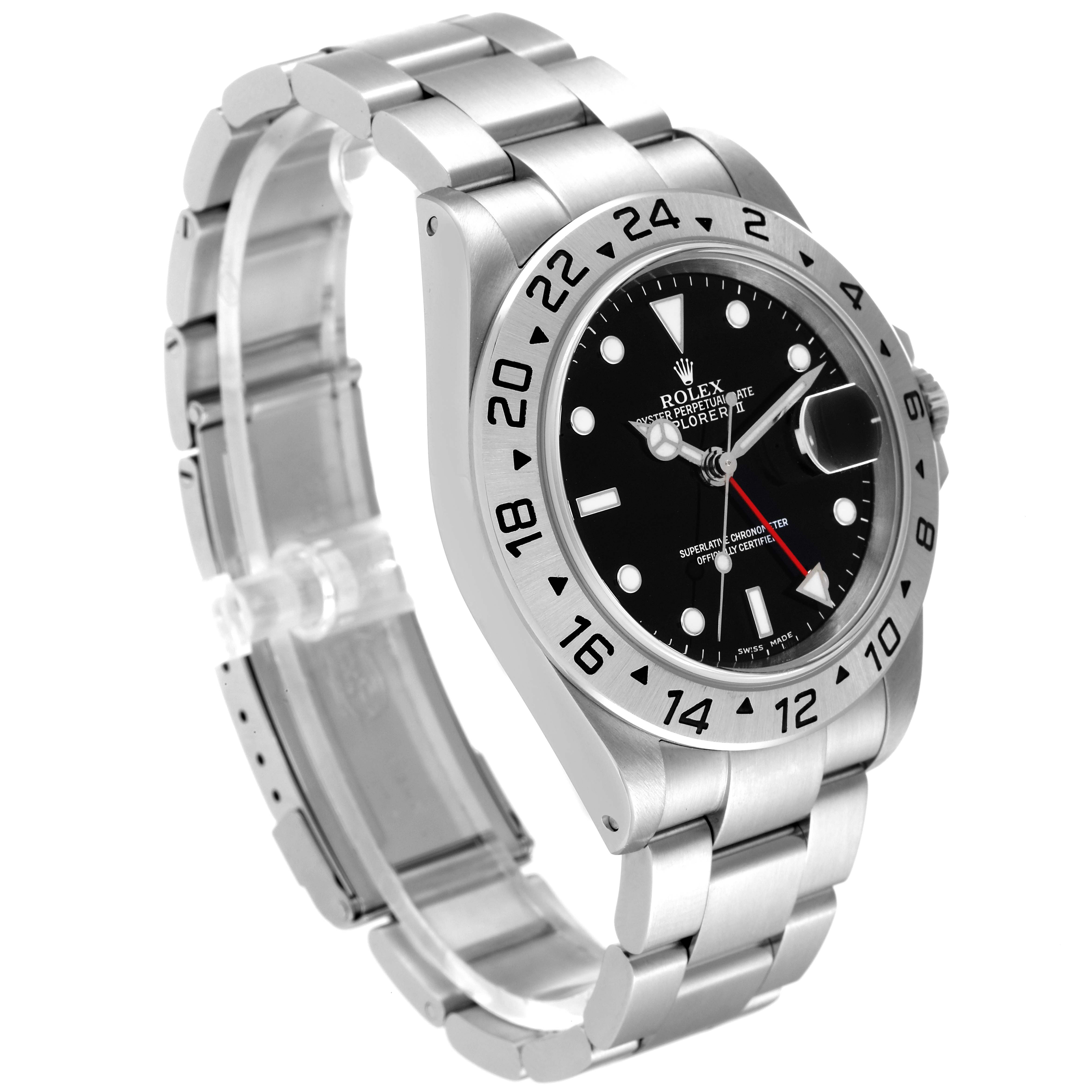 The Rolex Explorer 16570 Men
s Stainless Steel Black Dial 16570 Men
s Stainless Steel Black Dial watch is shown at an angle highlighting the face, bezel, and bracelet.