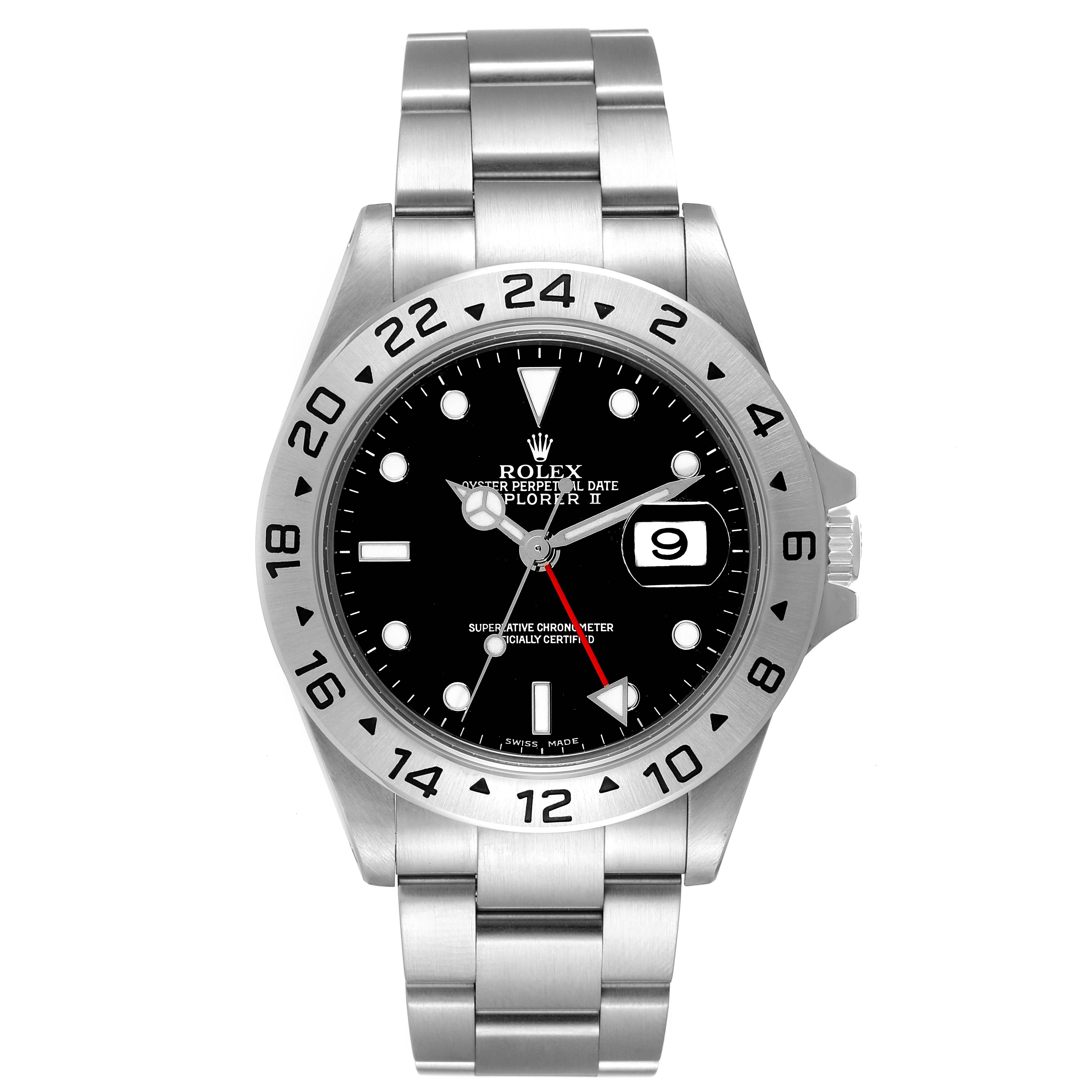 The image shows a front view of a Rolex Explorer 16570 Men
s Stainless Steel Black Dial 16570 Men
s Stainless Steel Black Dial watch, displaying its dial, bezel, bracelet, and crown.