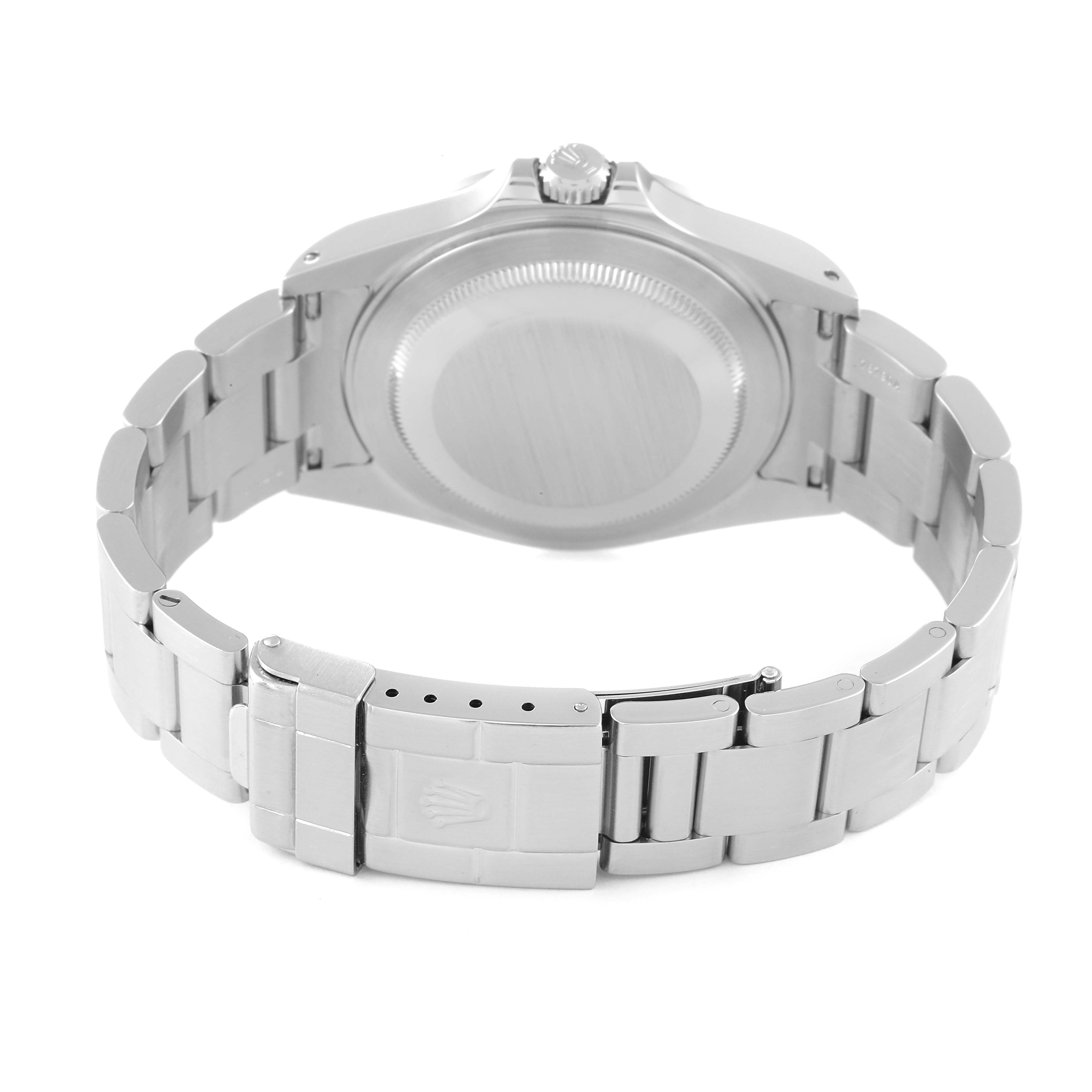 The image shows the back case and bracelet clasp of a Rolex Explorer 16570 Men
s Stainless Steel Black Dial 16570 Men
s Stainless Steel Black Dial watch.