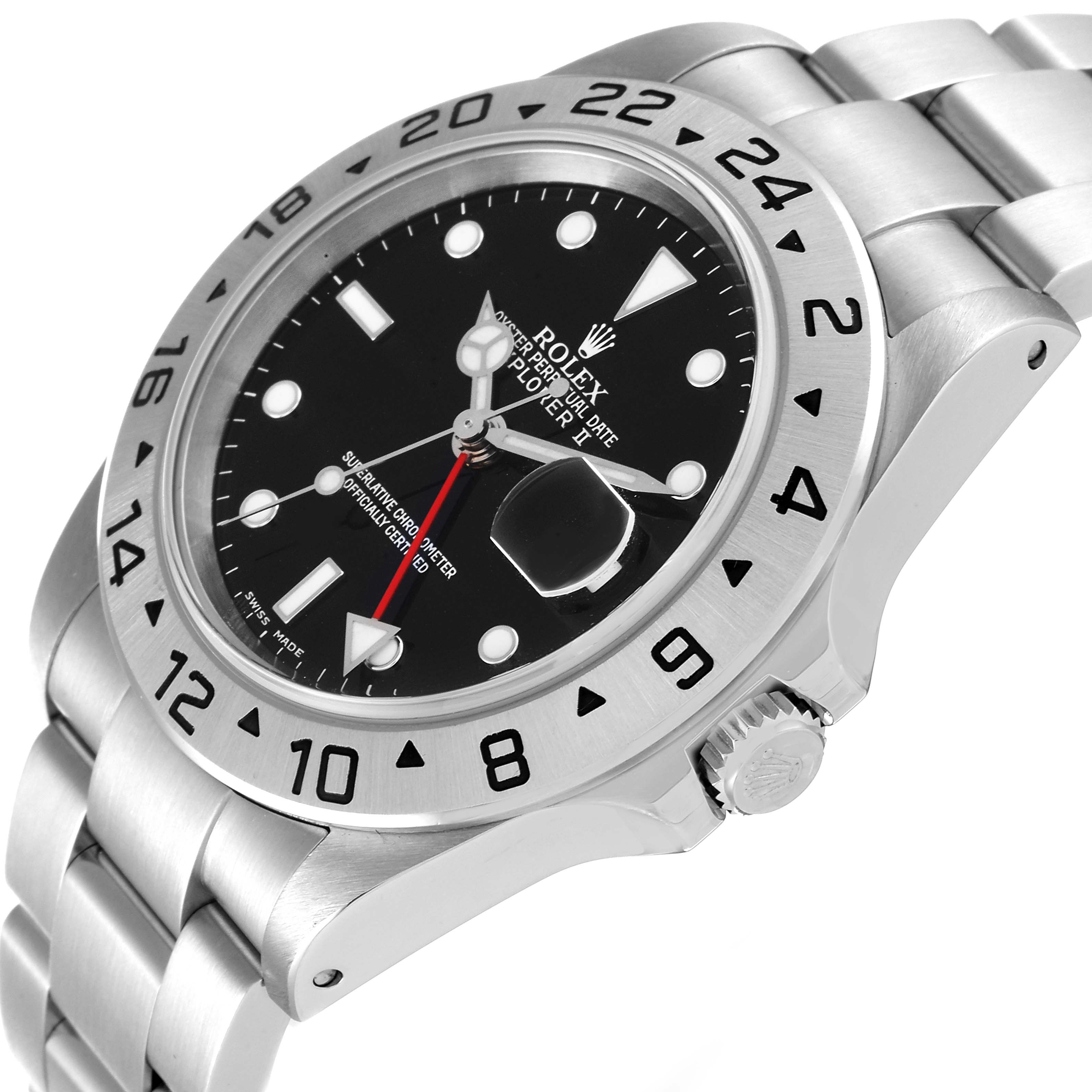 The image shows a side view of the Rolex Explorer 16570 Men
s Stainless Steel Black Dial 16570 Men
s Stainless Steel Black Dial II, highlighting the bezel, dial, crown, and part of the bracelet.