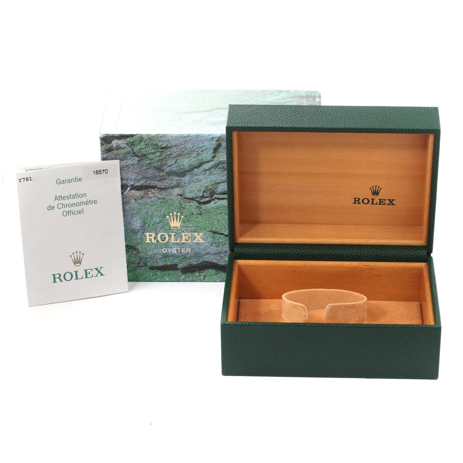 This image shows the open box and official documents for the Rolex Explorer 16570 Men
s Stainless Steel Black Dial 16570 Men
s Stainless Steel Black Dial model watch.