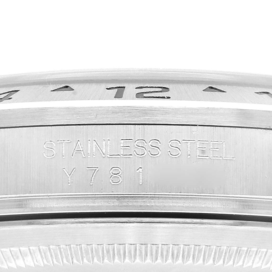 This image shows a close-up of the stainless steel case back with engraving for a Rolex Explorer 16570 Men
s Stainless Steel Black Dial 16570 Men
s Stainless Steel Black Dial watch model.