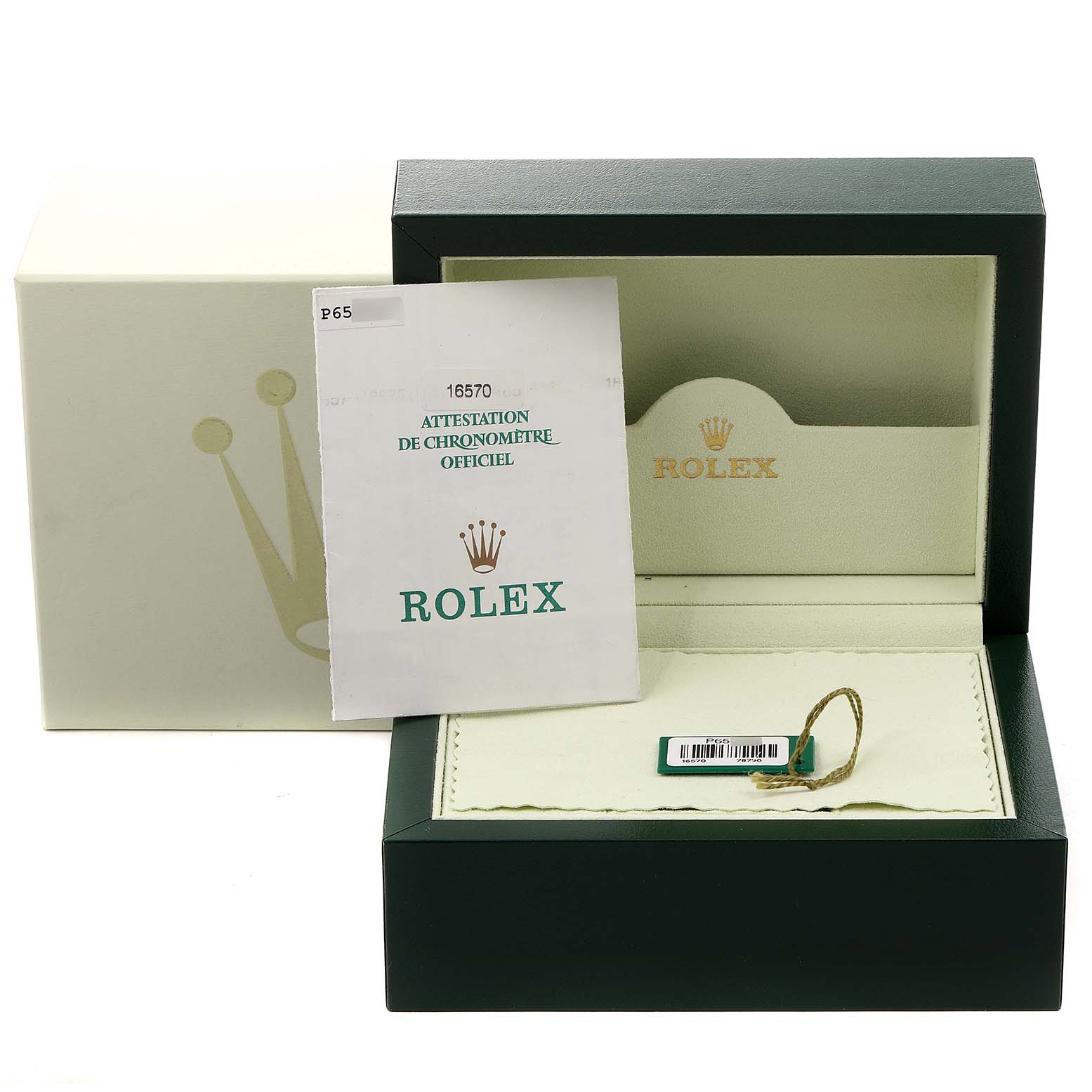 The image shows the packaging, documentation, and tags for a Rolex Explorer 16570 Men
s Stainless Steel White Dial 16570 Men
s Stainless Steel White Dial watch, with the box open and a booklet visible.