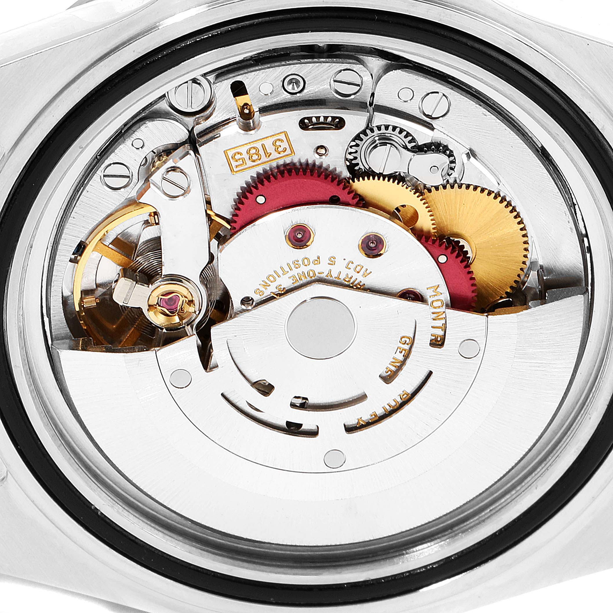 The image shows the internal mechanical movement of a Rolex Explorer 16570 Men
s Stainless Steel White Dial 16570 Men
s Stainless Steel White Dial watch at an angled close-up.