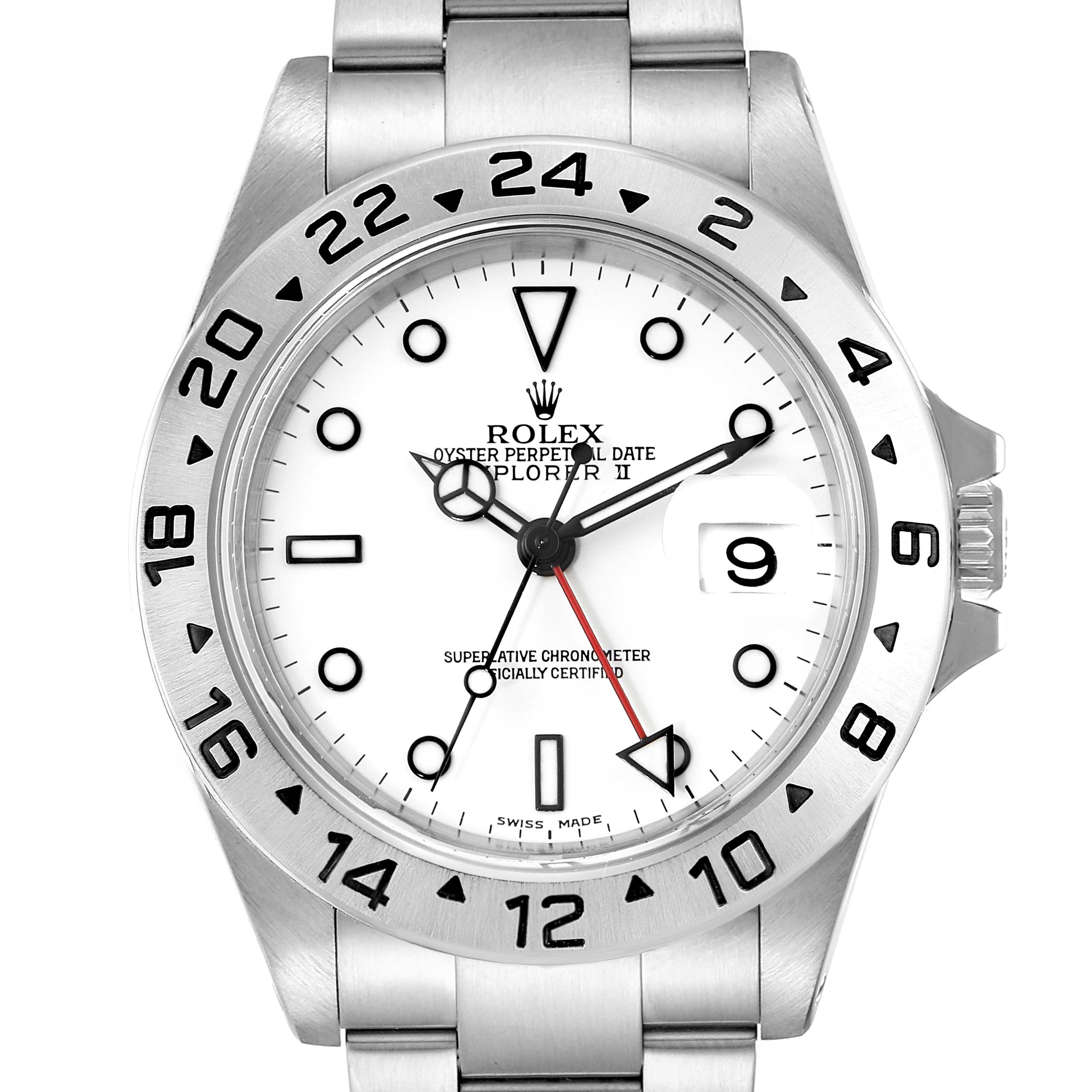 This image shows a front view of the Rolex Explorer 16570 Men
s Stainless Steel White Dial 16570 Men
s Stainless Steel White Dial watch, highlighting its dial, bezel, and bracelet.