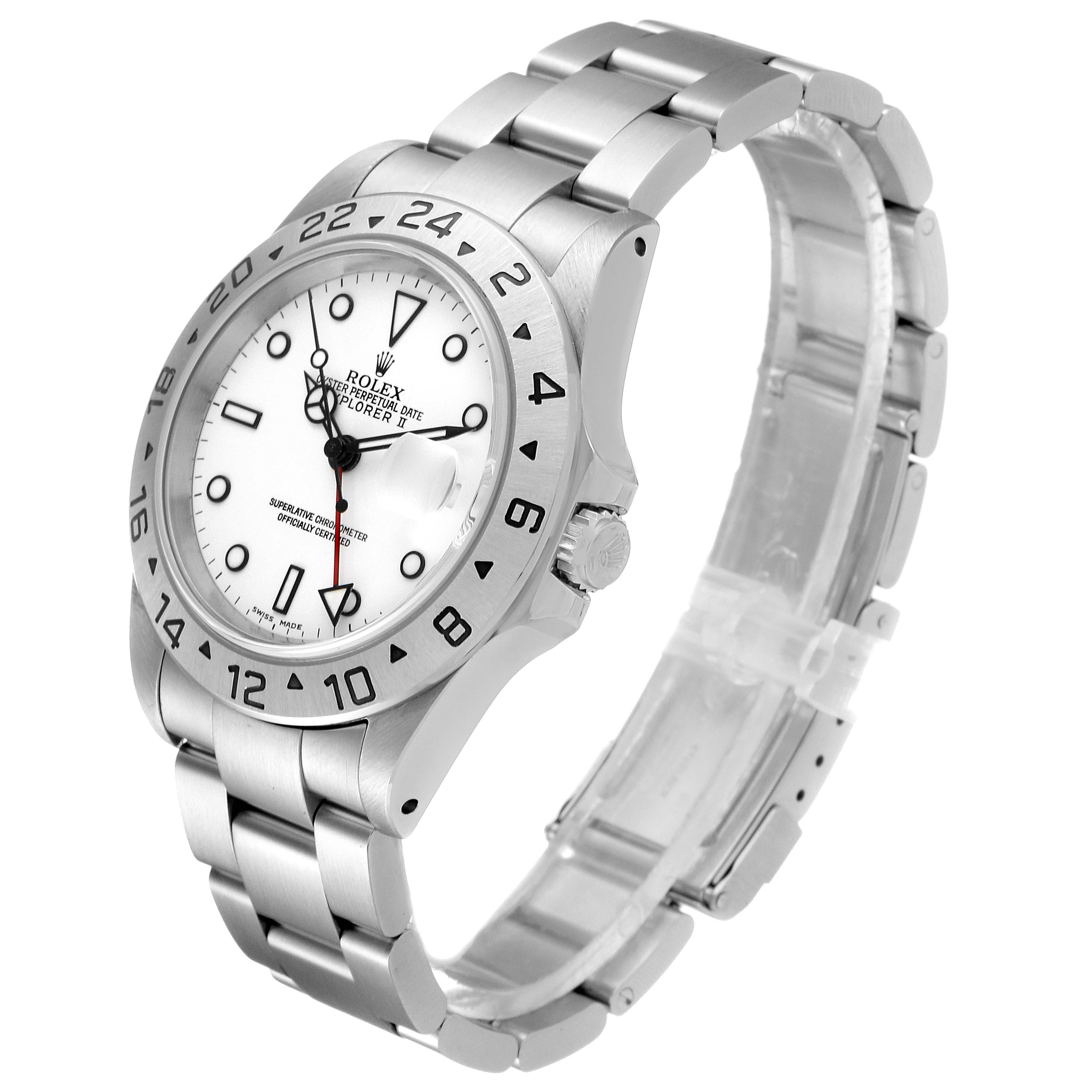 This Rolex Explorer 16570 Men
s Stainless Steel White Dial 16570 Men
s Stainless Steel White Dial watch is shown at an angled view highlighting the dial, bezel, bracelet, and crown.